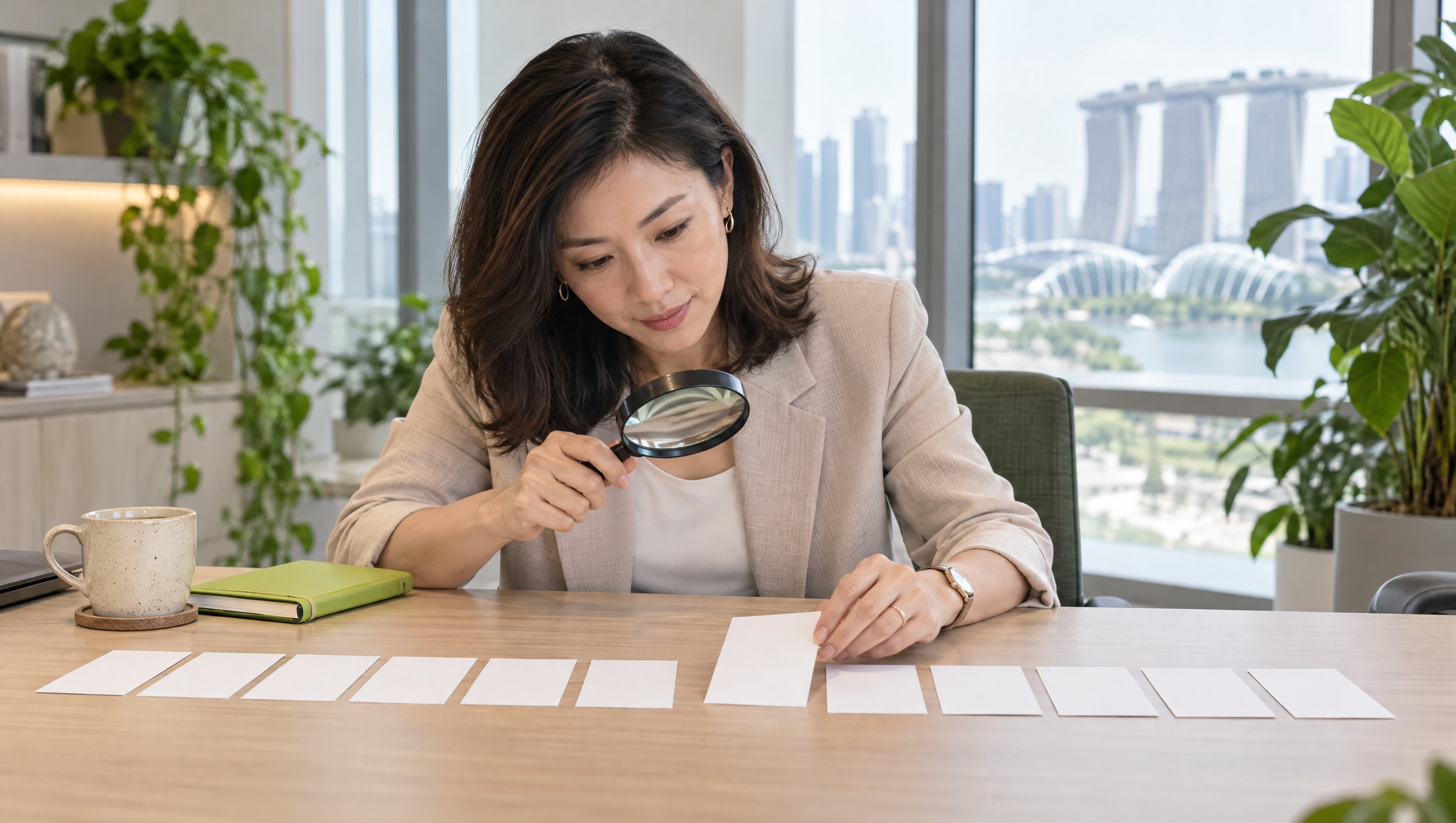 A business owner in a bright Singapore office looks at a row of blank cards through a magnifying glass