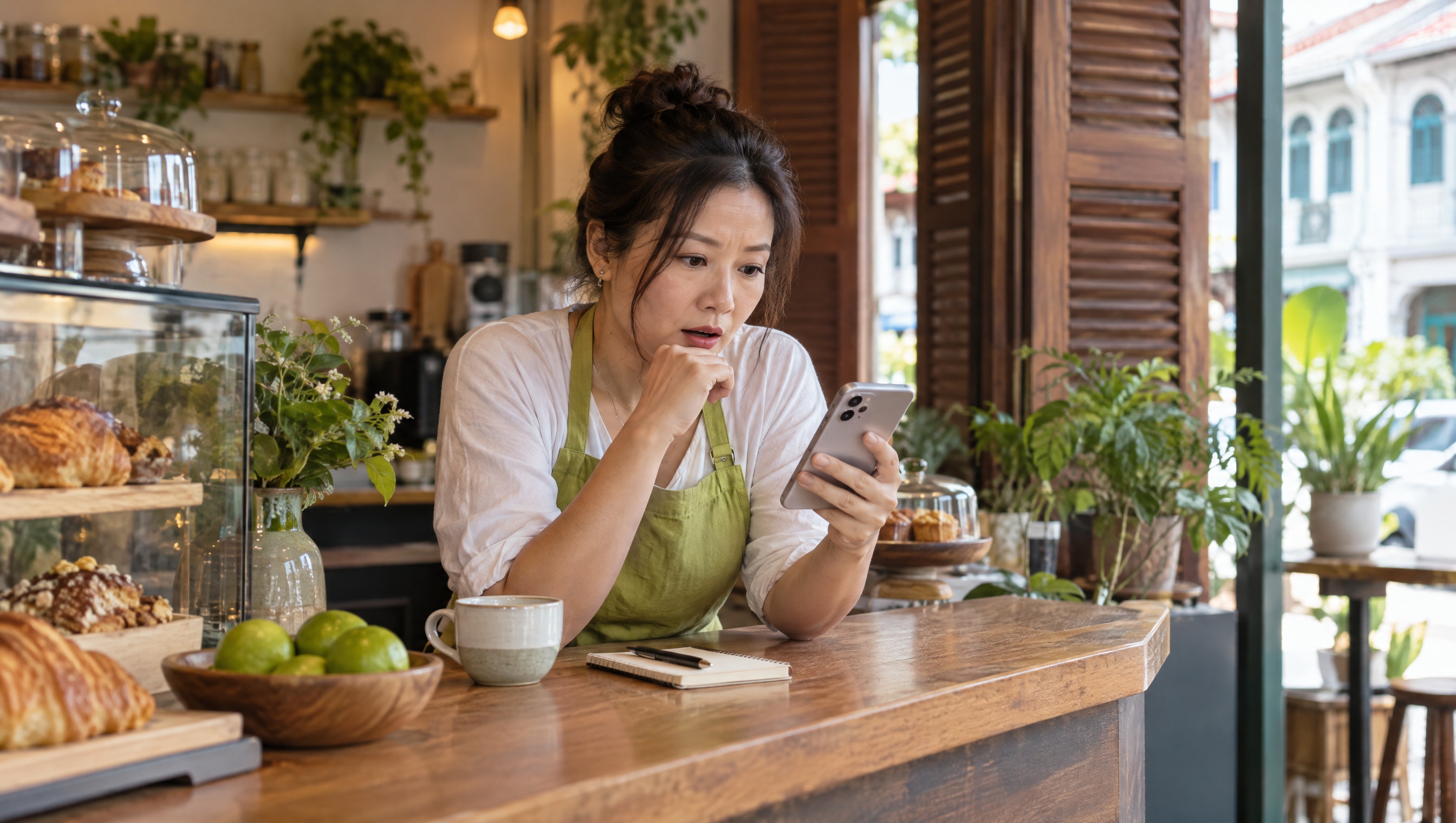 A bakery owner in a Singapore shophouse checks her phone at the counter