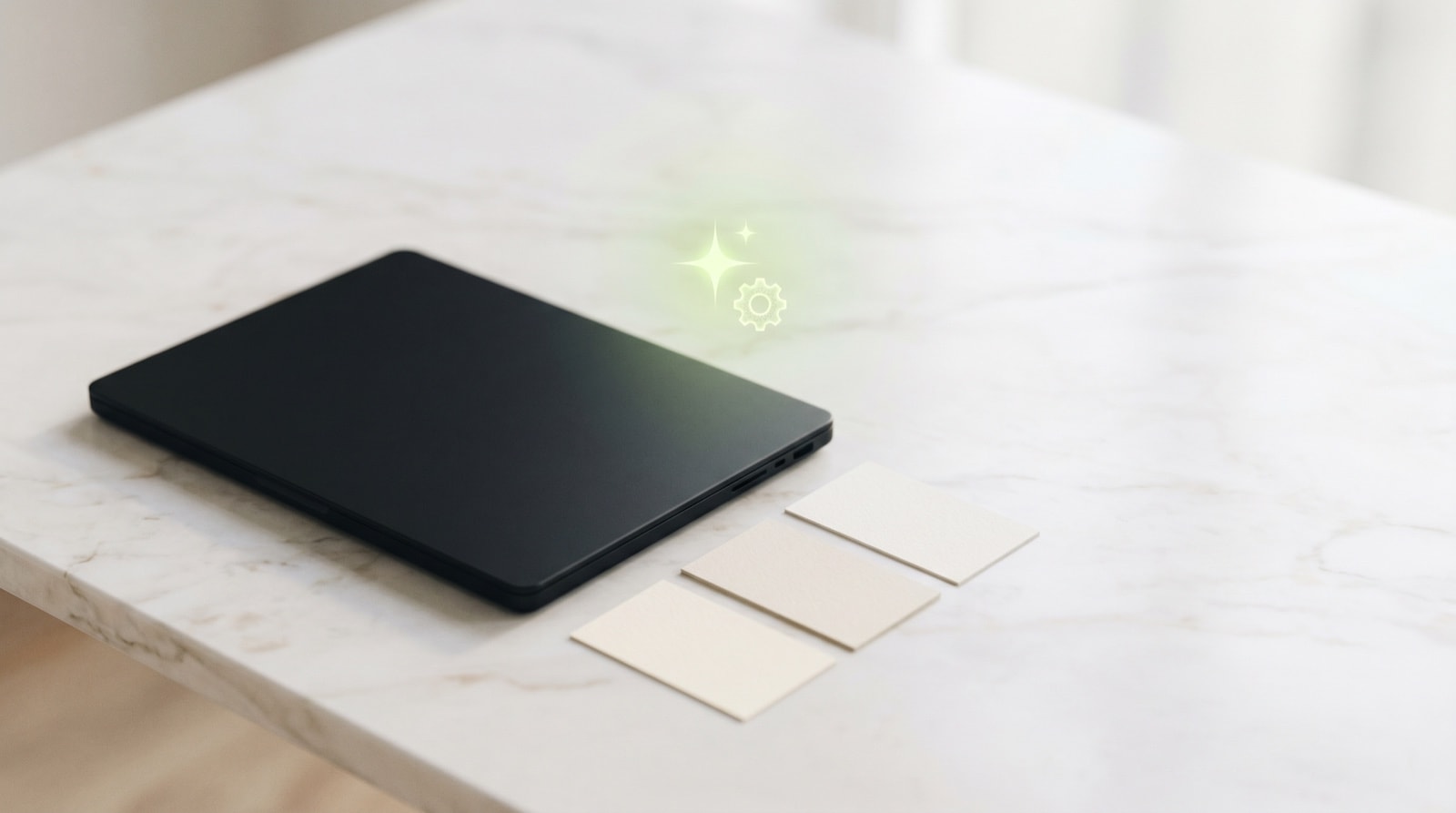 A holographic lime spark and gear hovering over a laptop on marble — AI assisting a small business