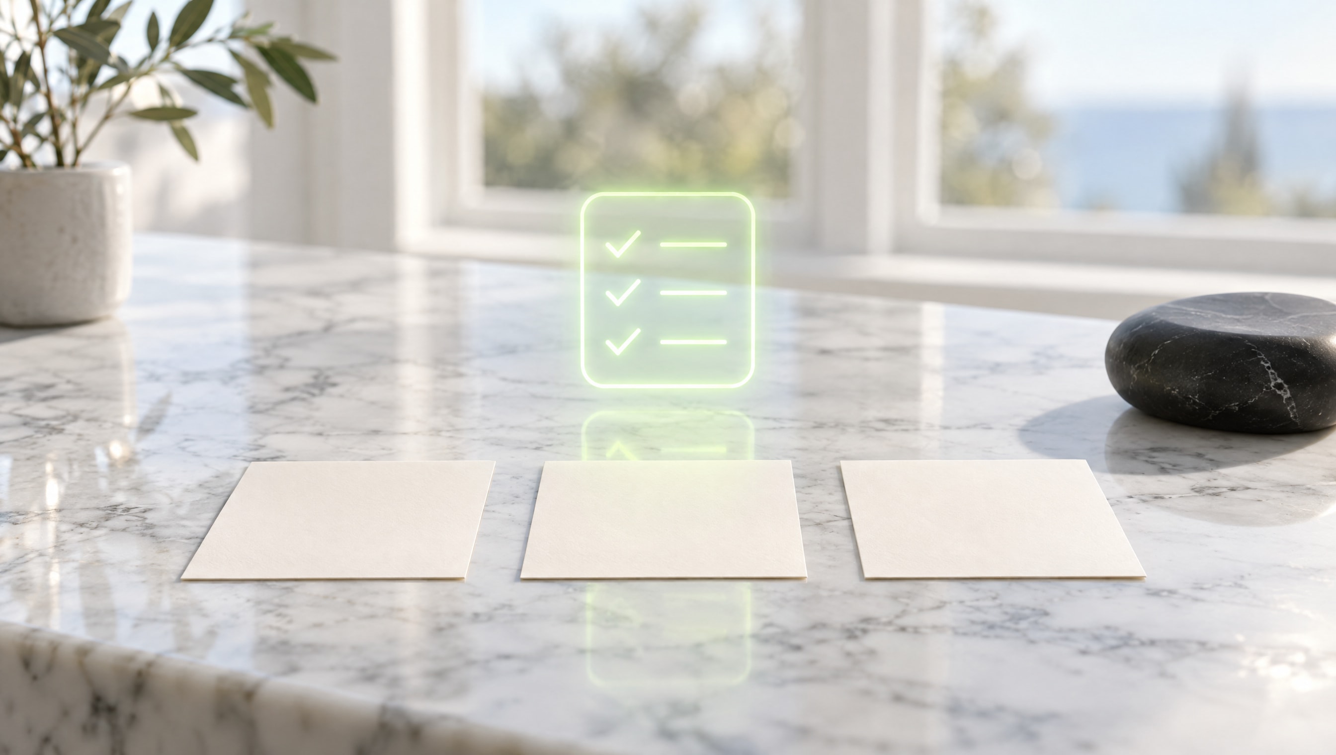 A glowing lime-green checklist above three blank cards on white marble — choosing between agencies