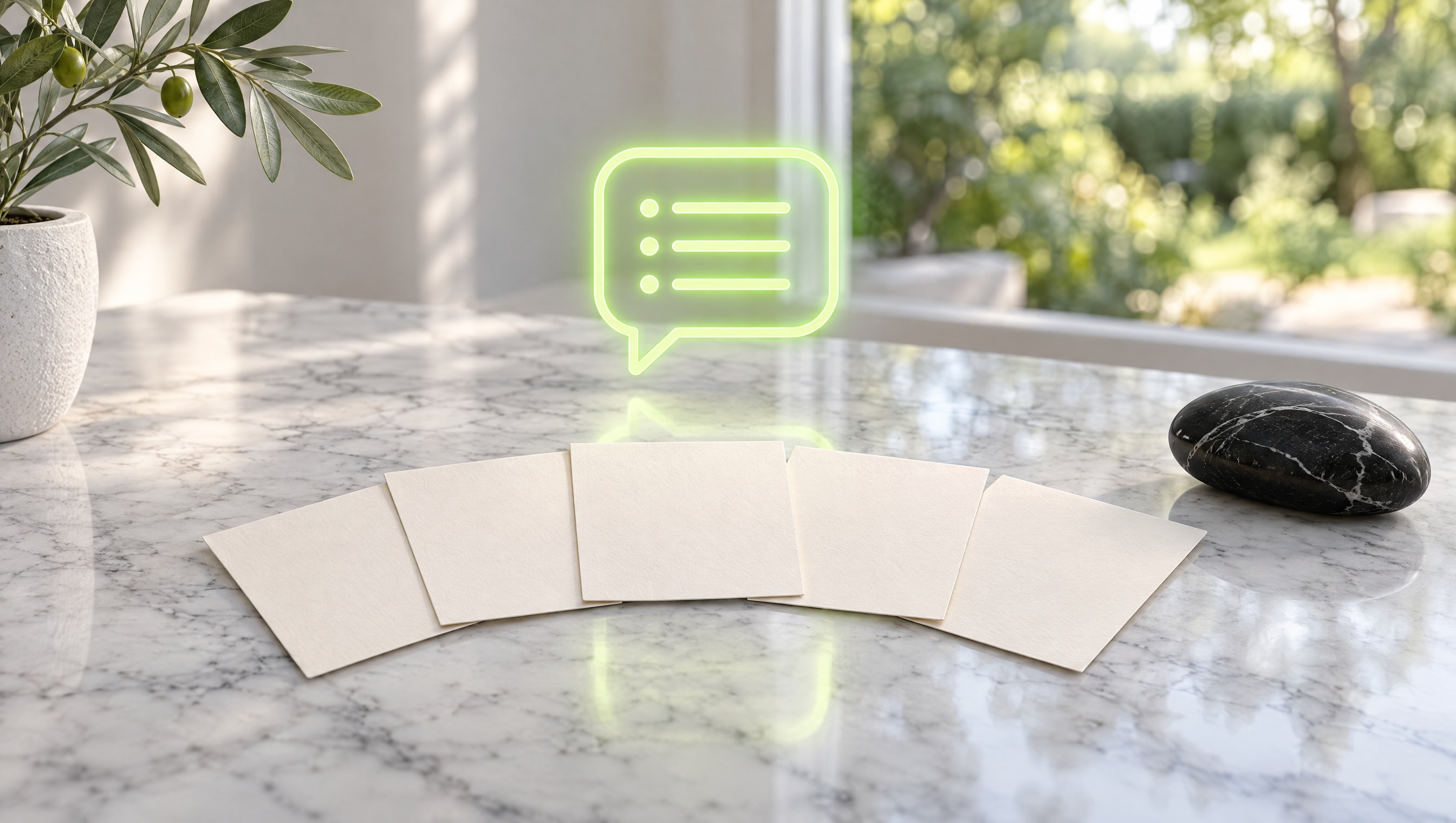 A glowing lime-green chat bubble holding a short list, above five blank cards on a white marble table