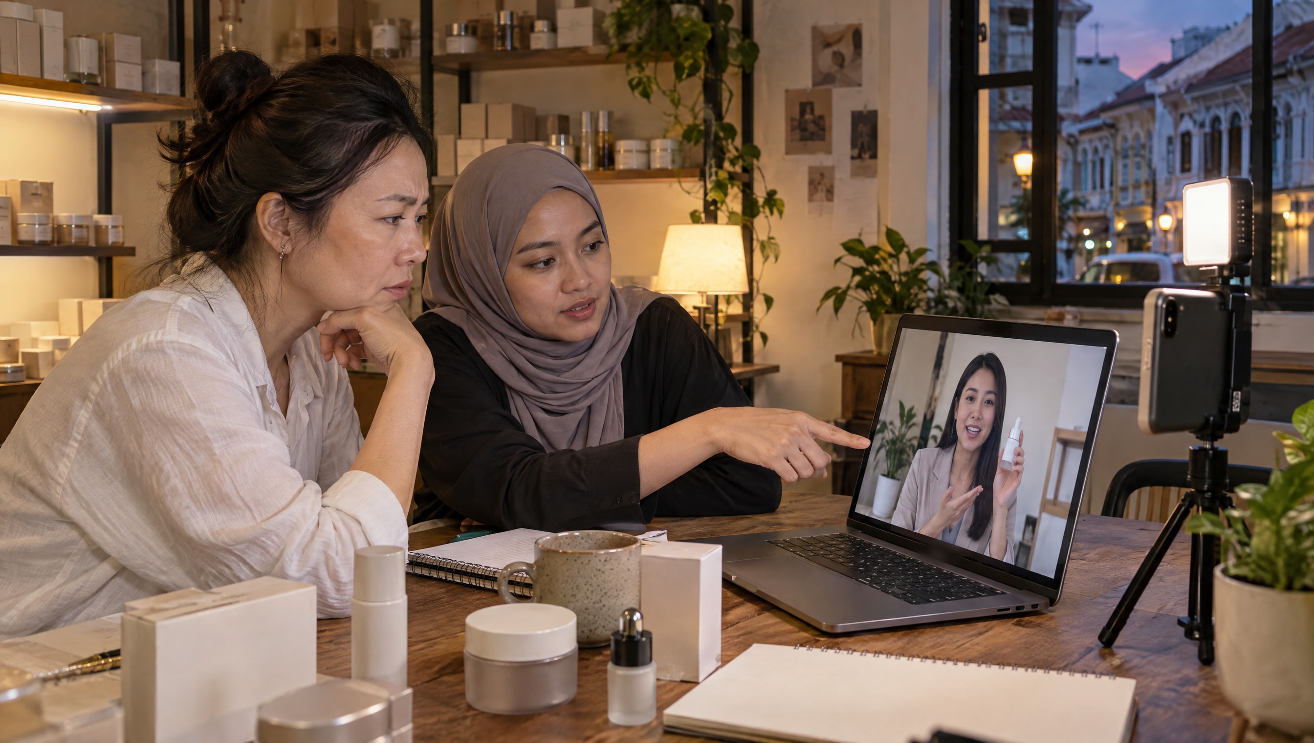 A shop owner and her assistant study an AI presenter on a laptop, her phone on a tripod beside them