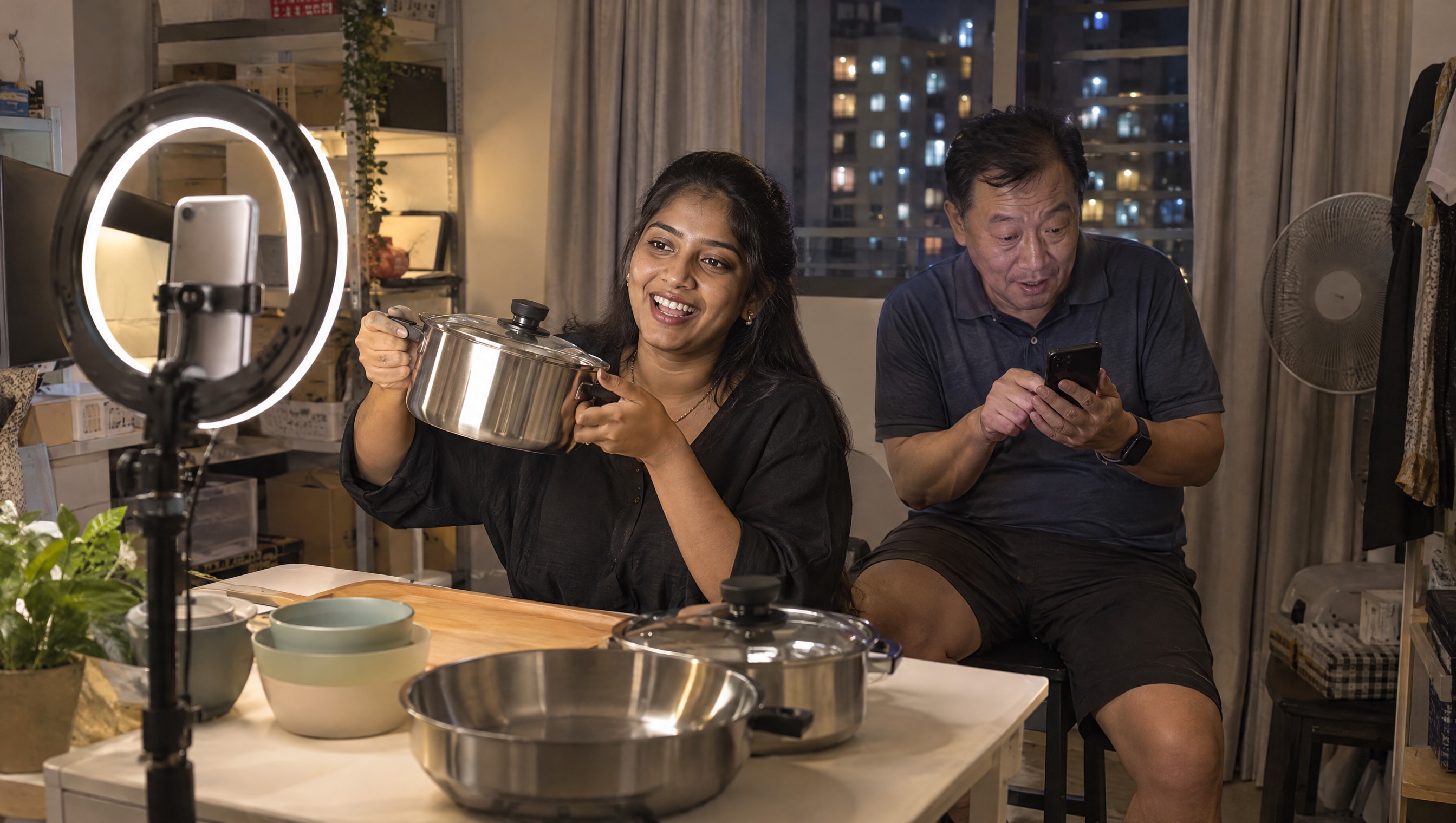 A young host runs a live sale from a home studio in a Singapore flat at night, holding a kitchen product up to a phone on a stand under a ring light, while the shop's owner watches the comments on a second phone beside her