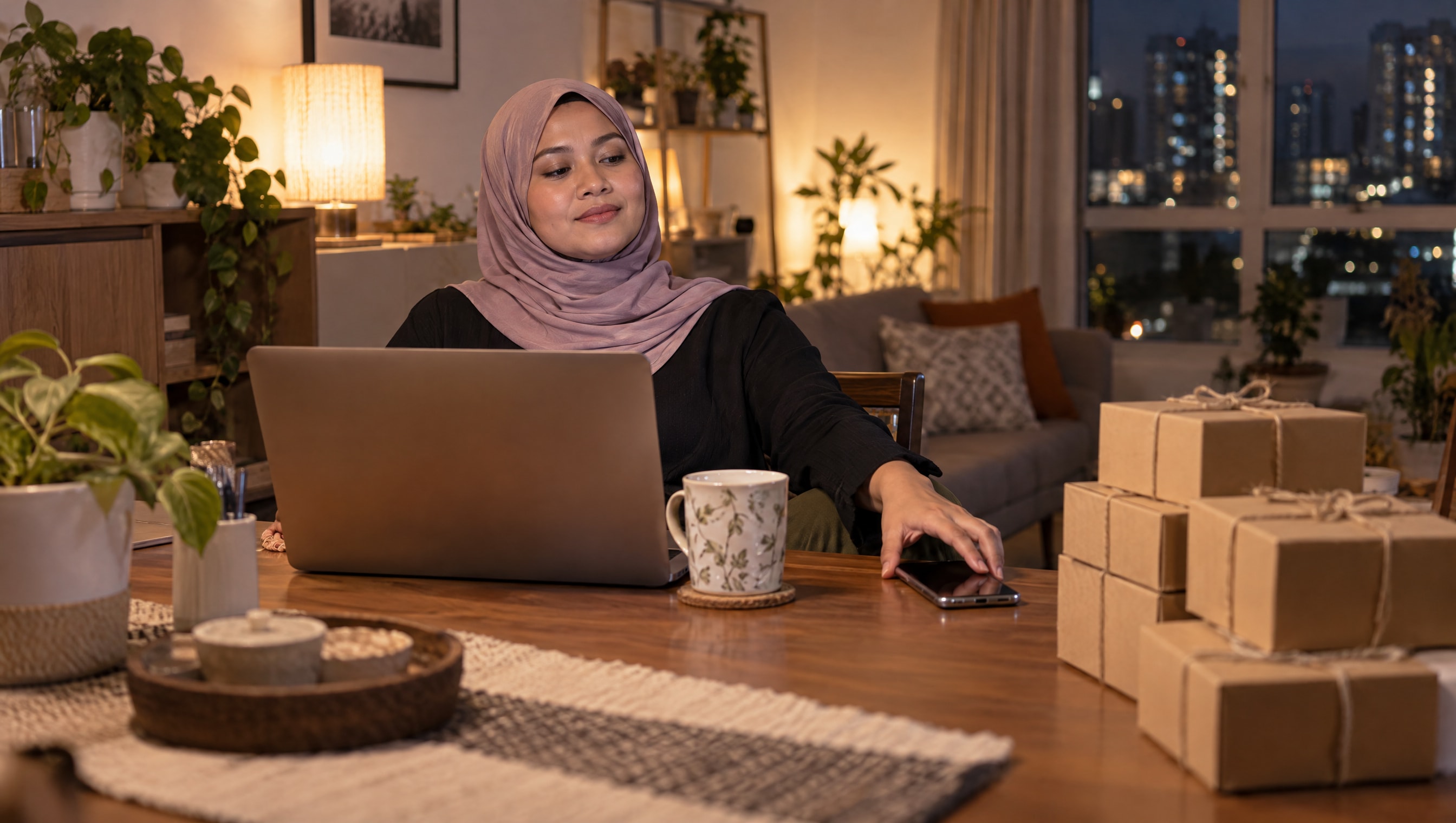 A shop owner at home in the evening, calmly setting her phone down beside her product boxes