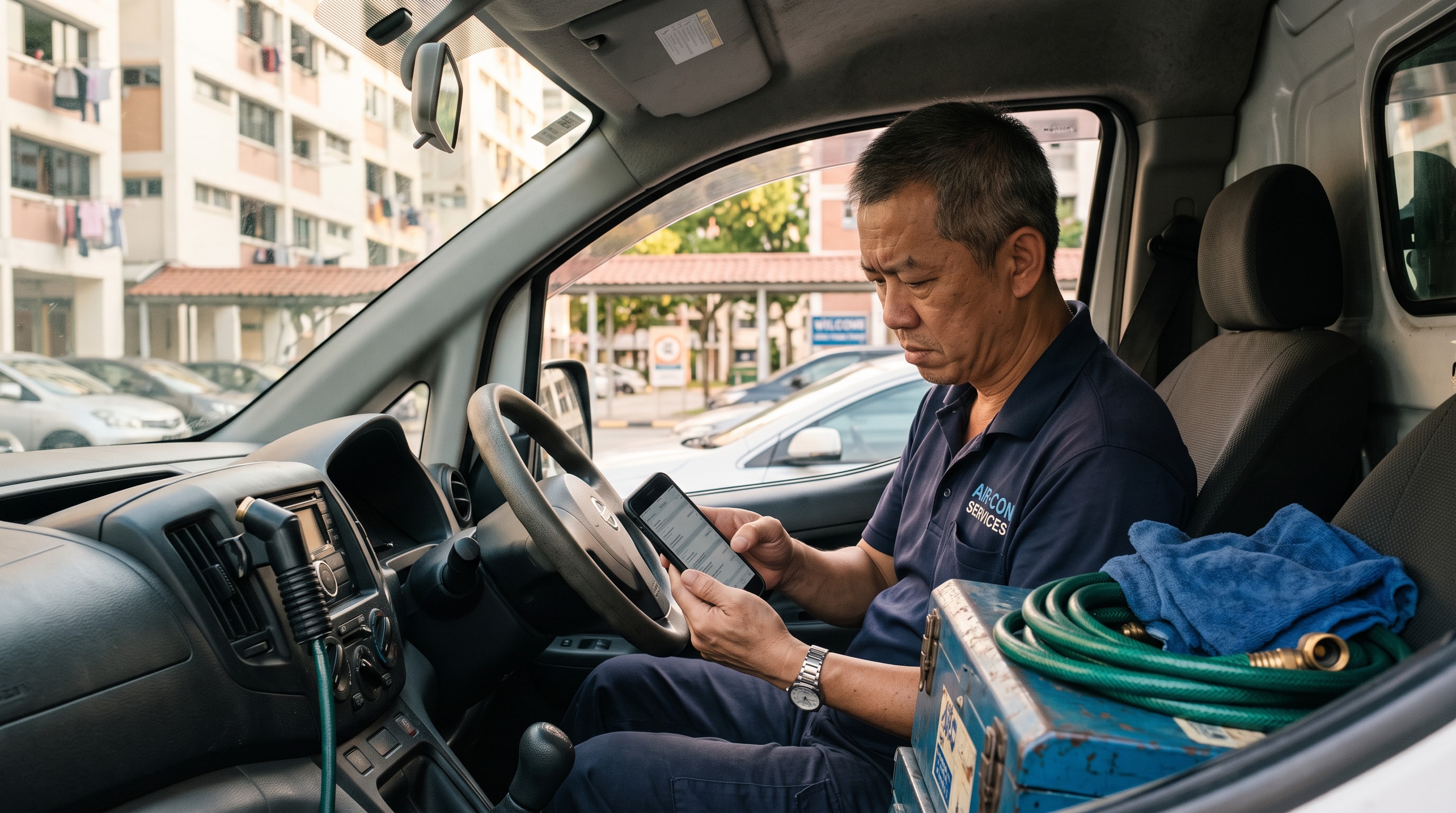 An aircon servicing owner in his work van at an HDB carpark, frowning at a long list on his phone