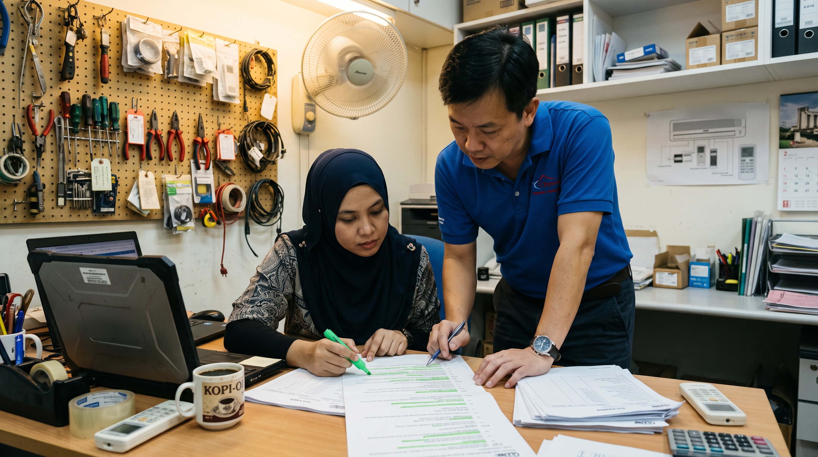 The aircon company's owner and his office manager lean over a desk in the company's small back office, going through a long printed list with a green highlighter