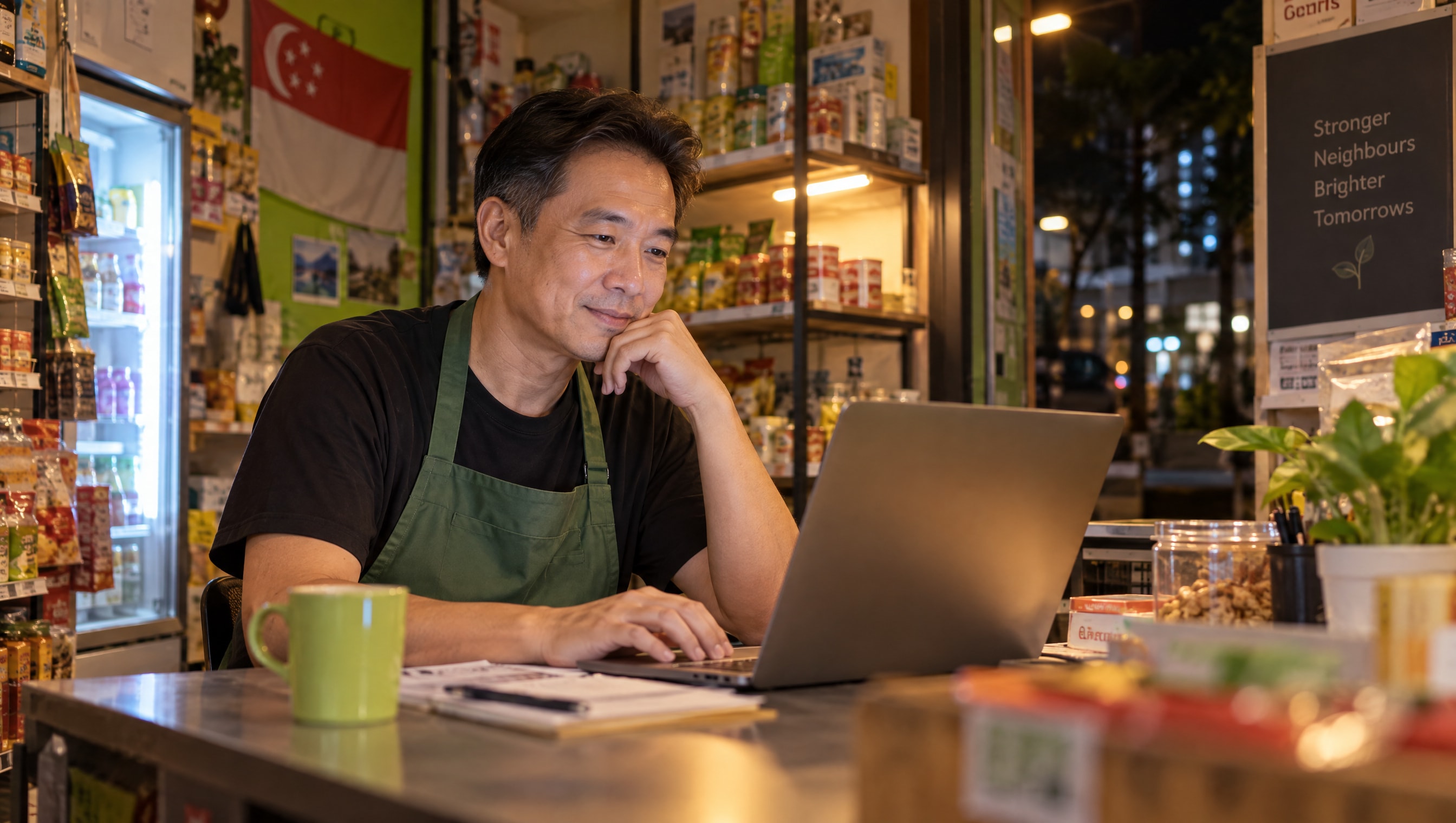 A small shop owner working on a laptop at the counter after closing