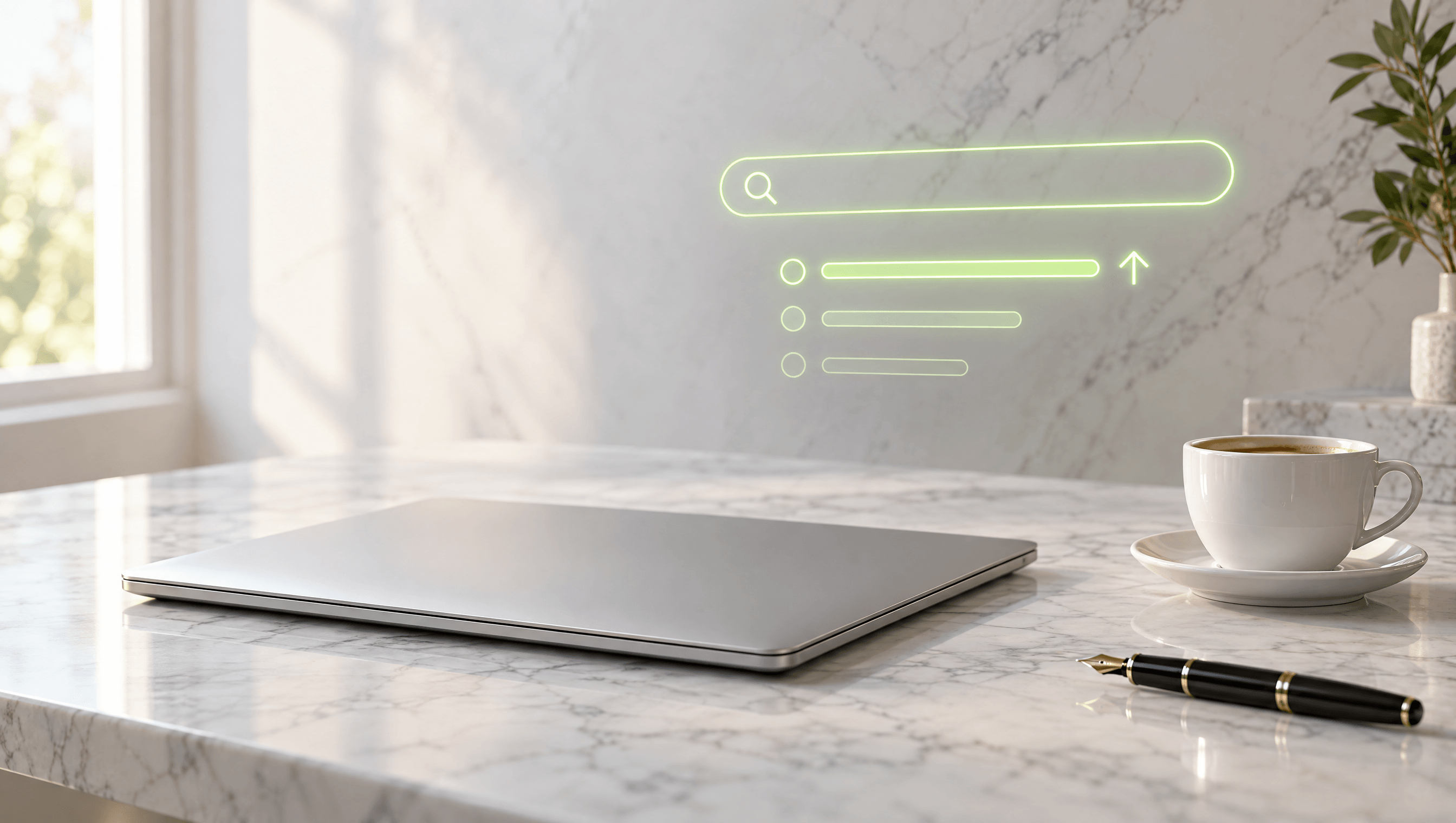 A closed laptop on a marble desk with a glowing outline of a search bar and results above it