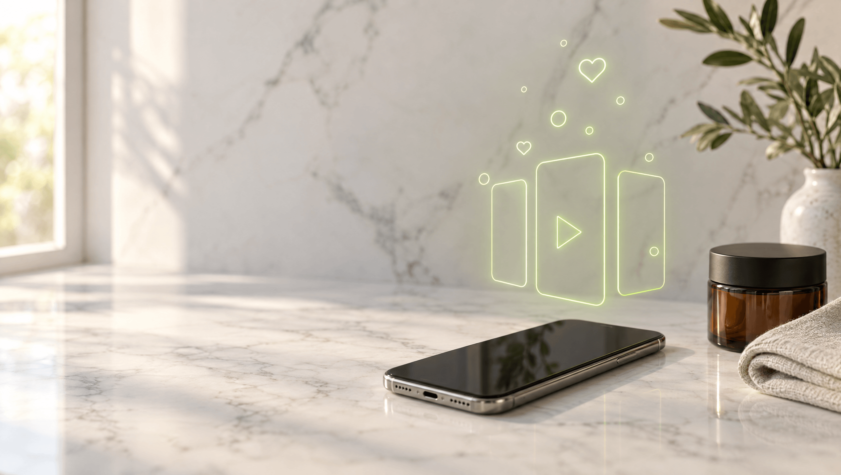 A phone on a marble table with glowing outlines of vertical video ads above it