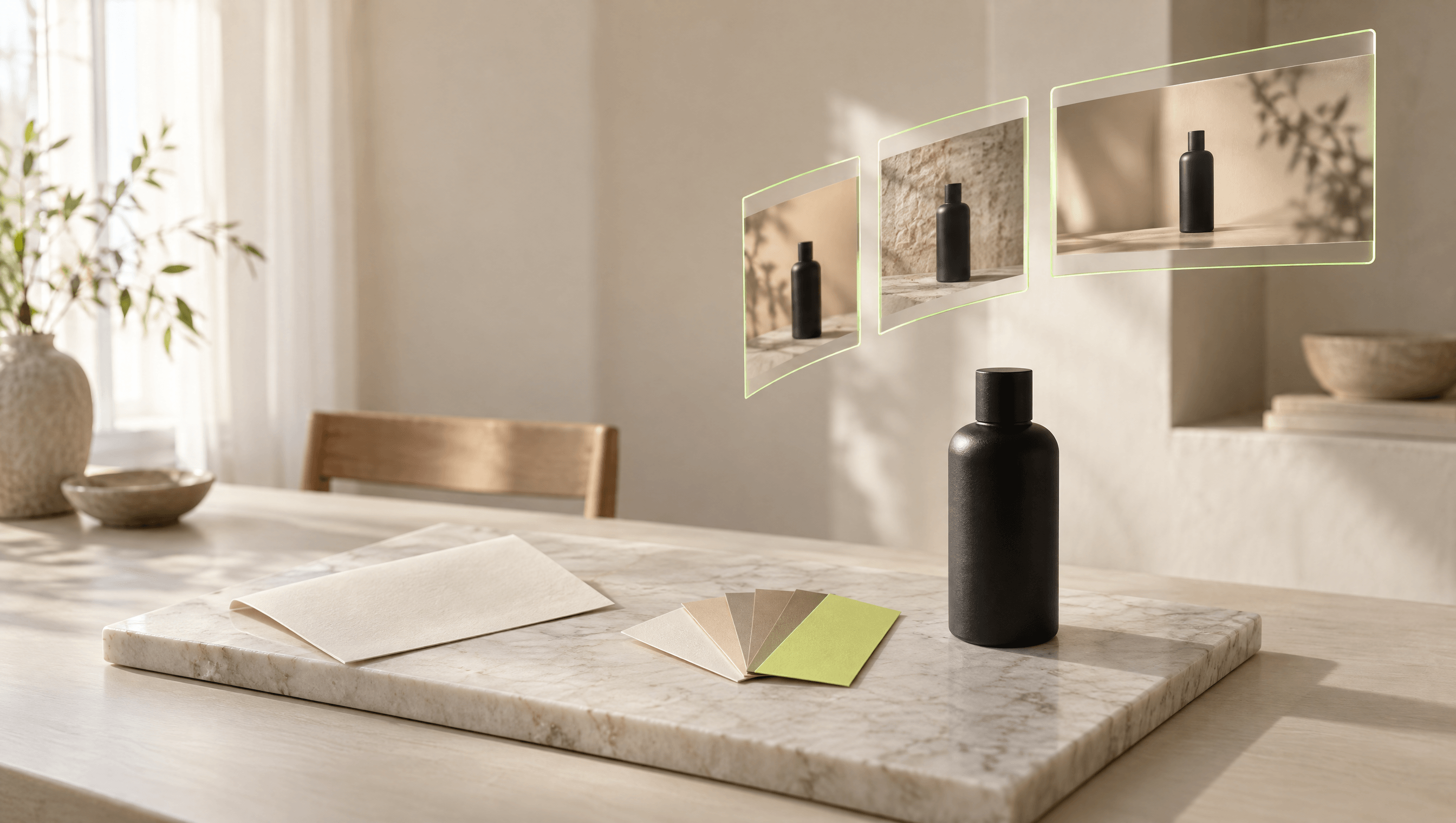 A brief, brand colour cards and a product bottle, with three ad frames rising from it