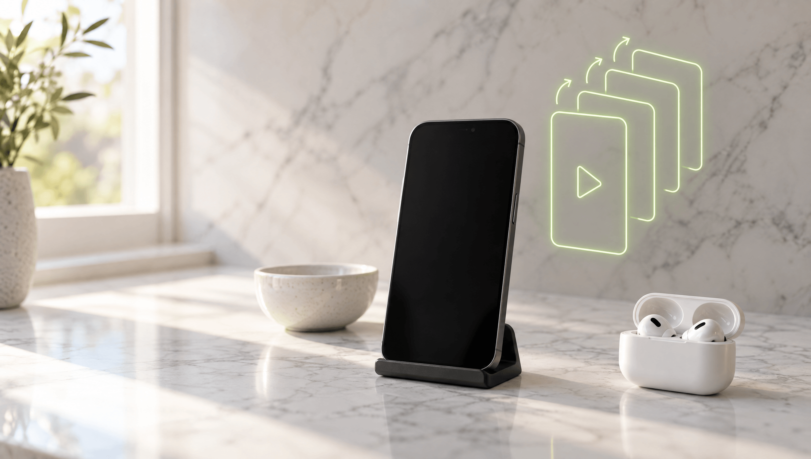 A phone on a stand with a glowing stack of vertical videos swiping upward beside it