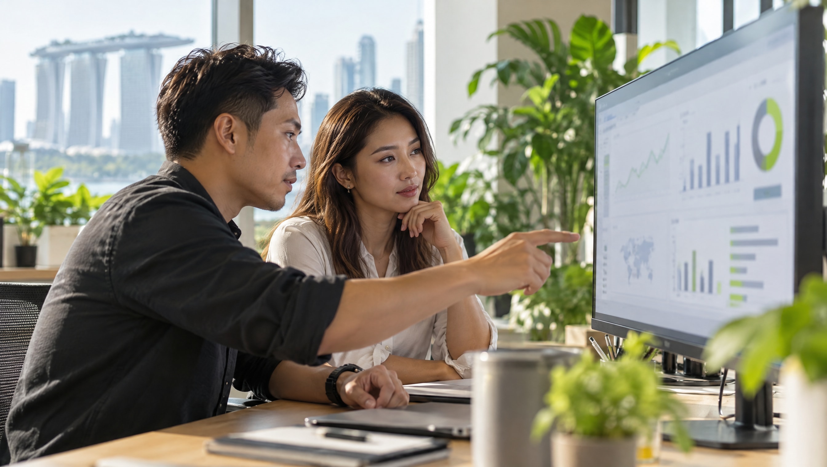 Two advertising specialists reviewing campaign performance on a monitor in a bright office