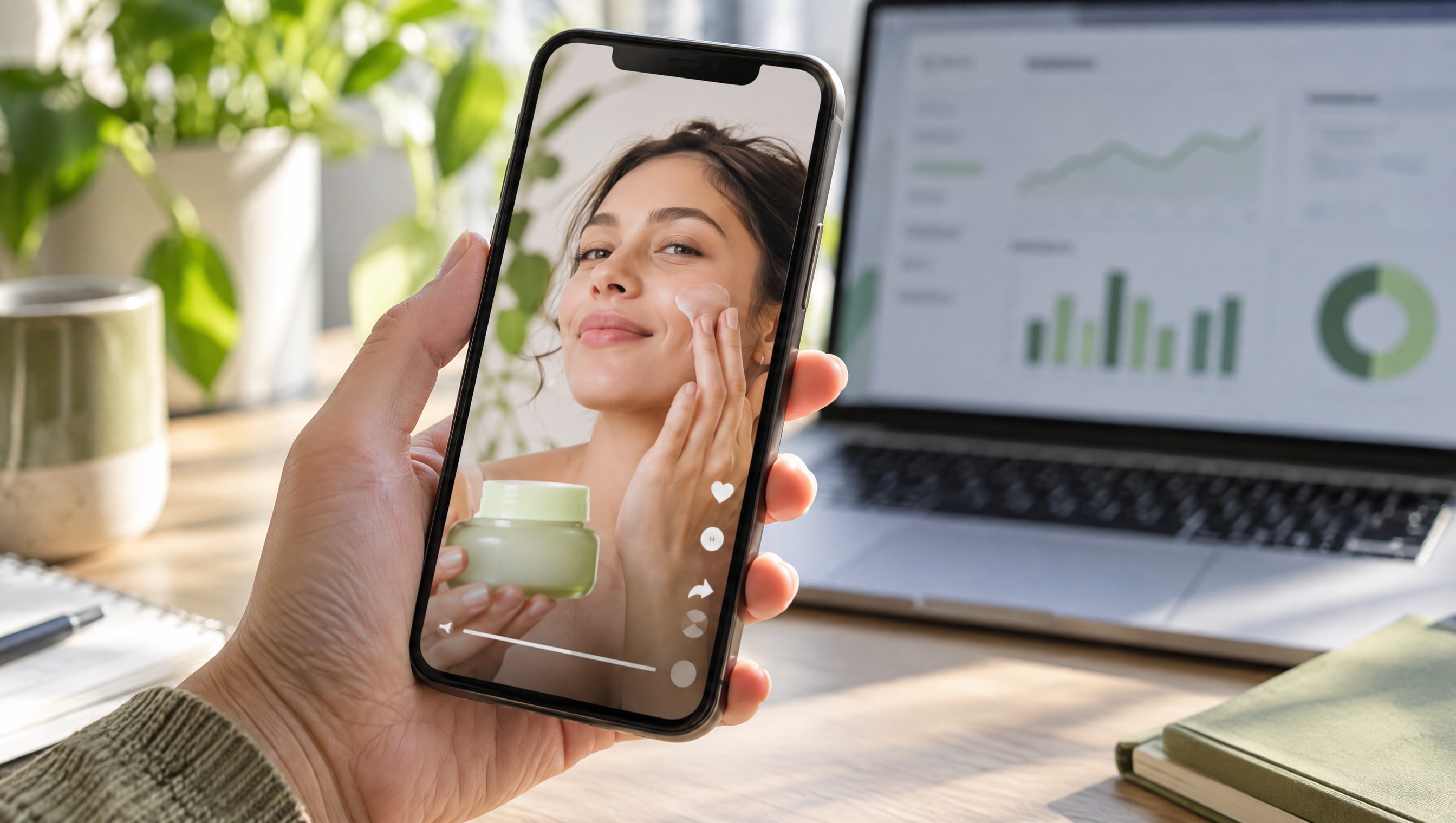 A hand holding a phone showing a vertical video ad in a social feed