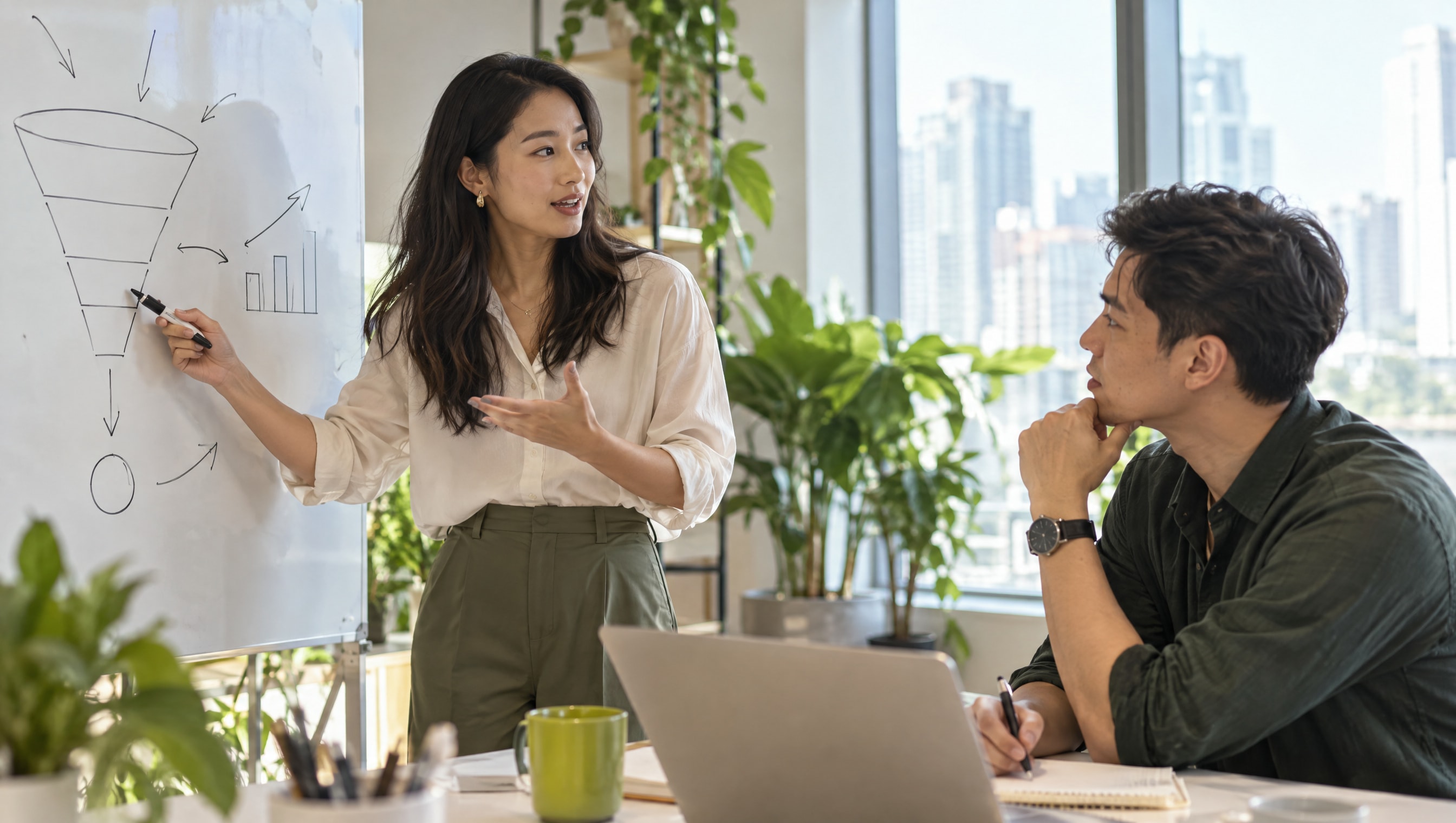 A founder and a marketing strategist talking through a funnel sketch at a whiteboard