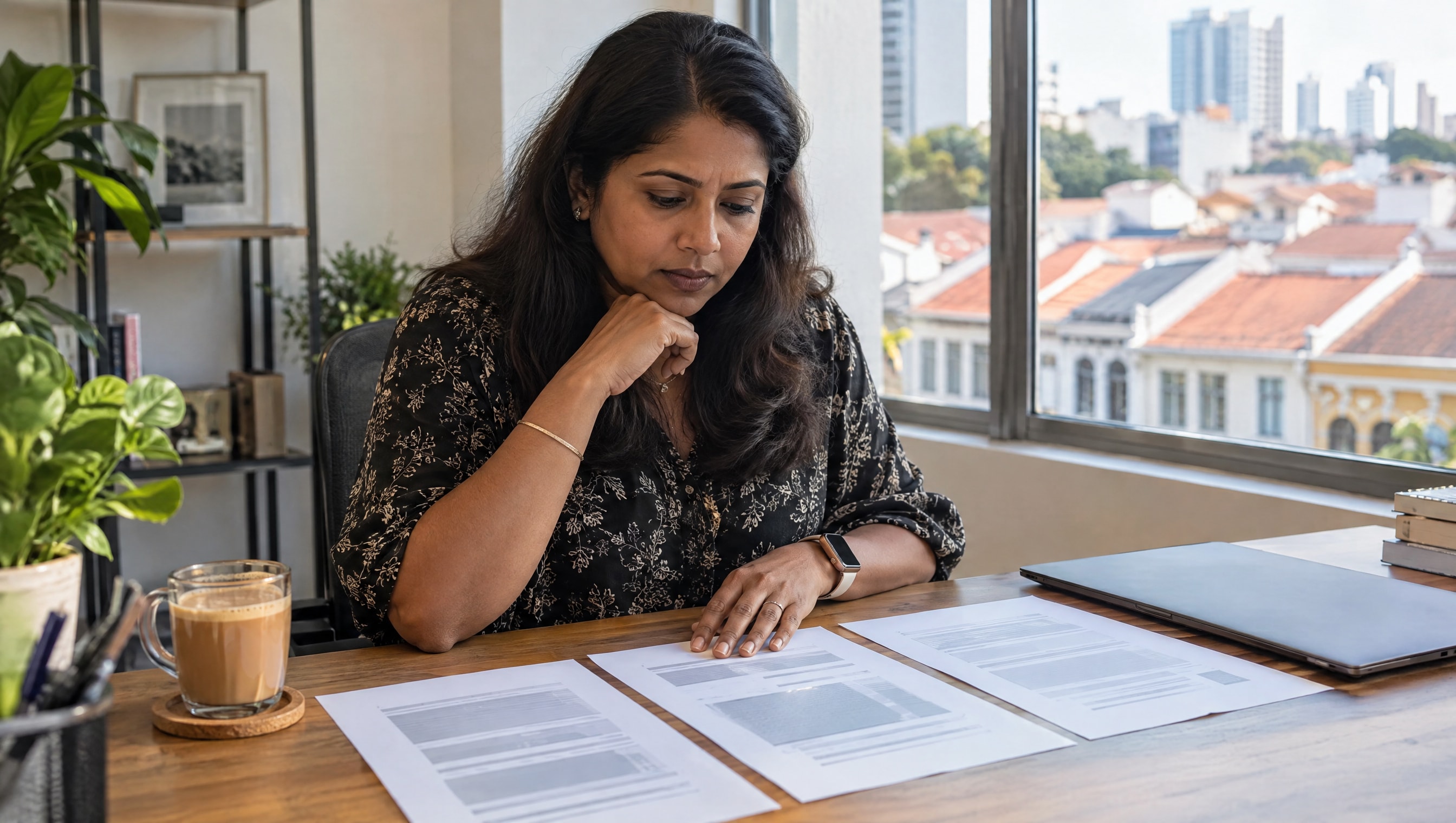 A business owner in a Singapore office compares printed proposals at a wooden table