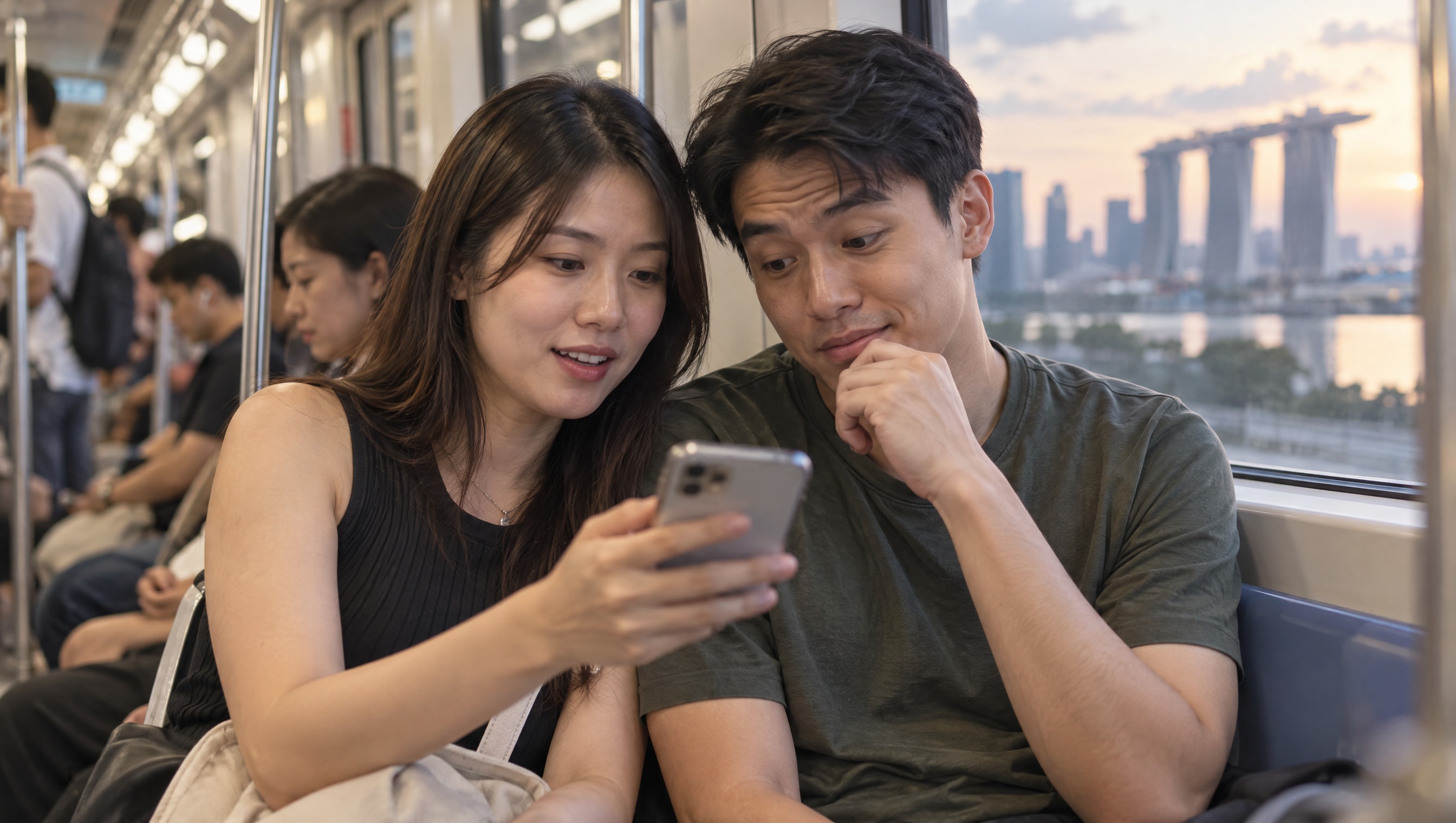 On an MRT train at dusk a woman shows her partner the reviews on her phone while he looks closely, hand on his chin