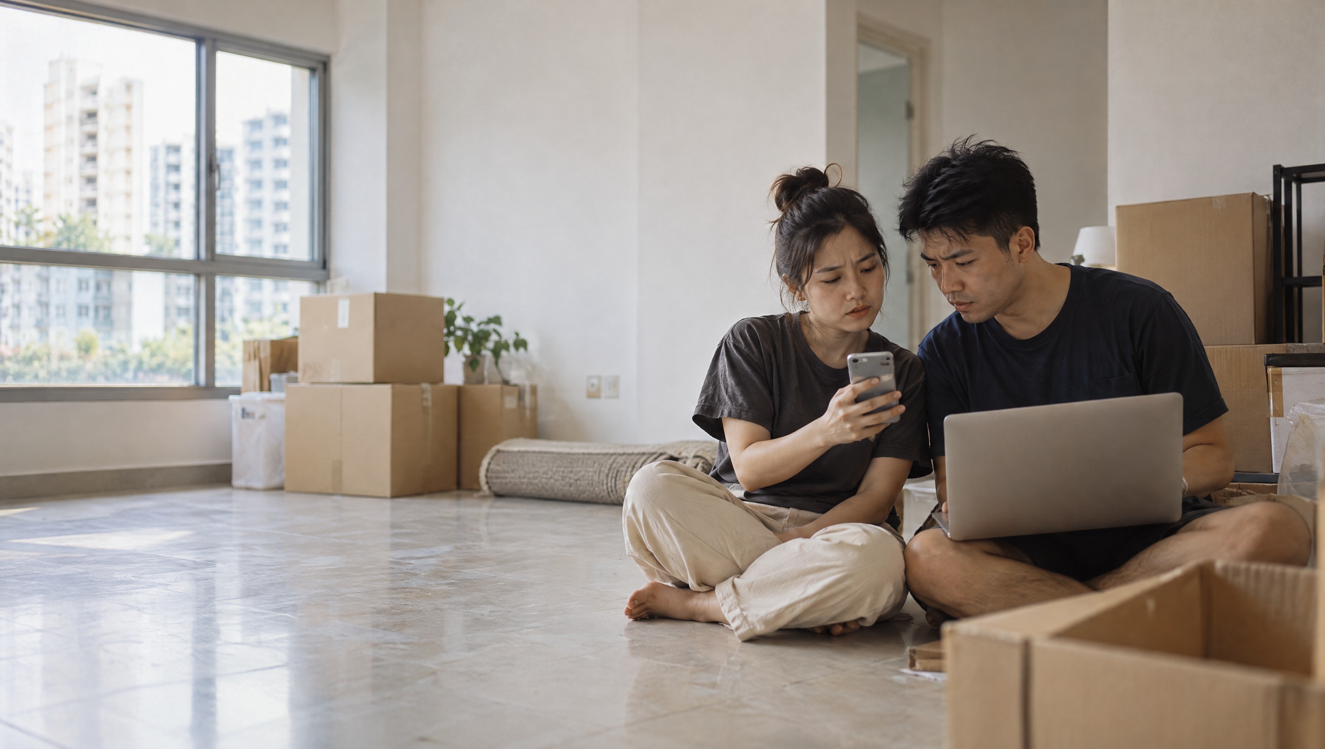 A young couple on the floor of their new flat among moving boxes, comparing a phone and a laptop