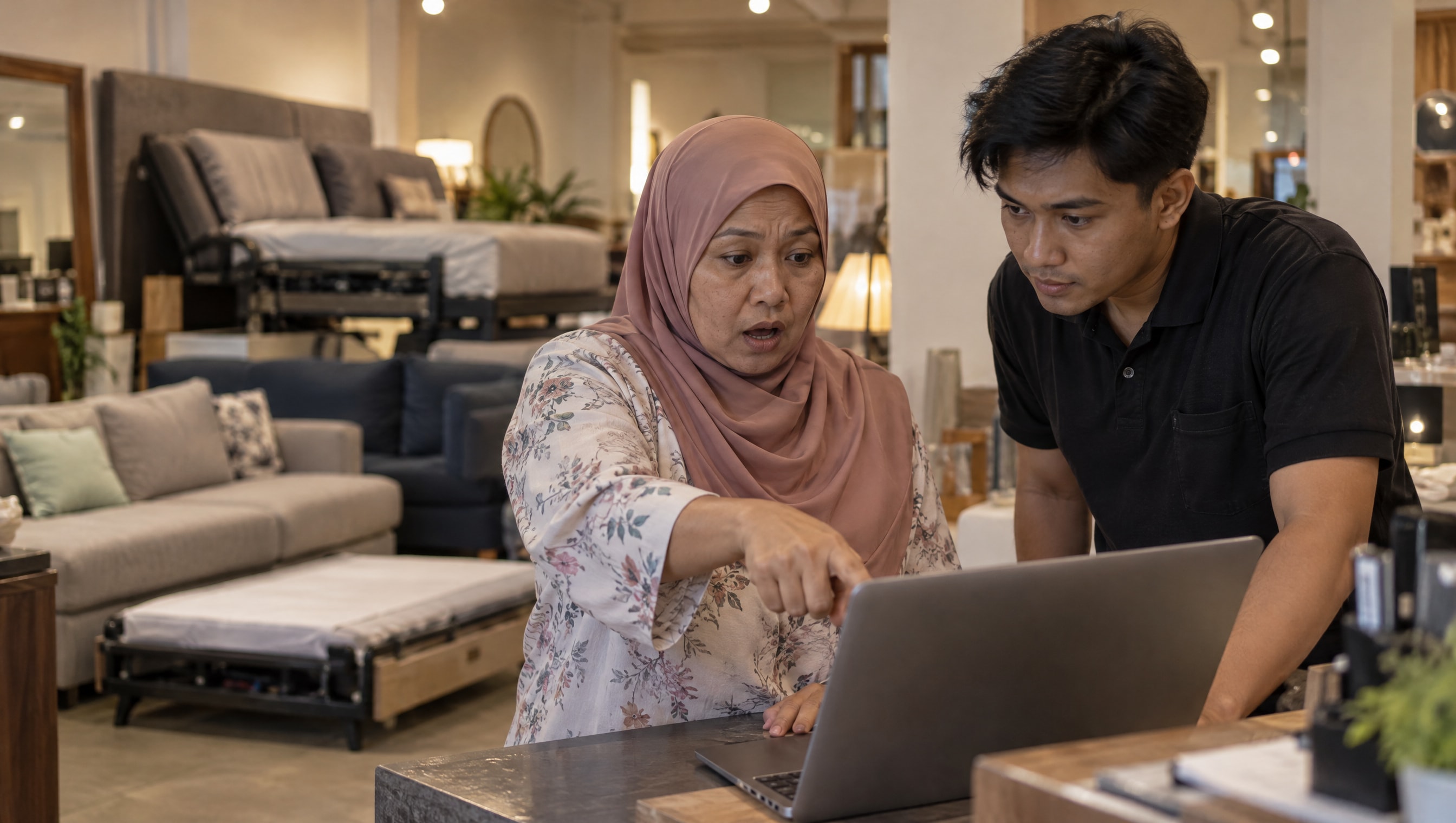 In her small furniture showroom, the owner and a young staff member look at the shop's own search result on a laptop, the owner pointing at the screen in surprise