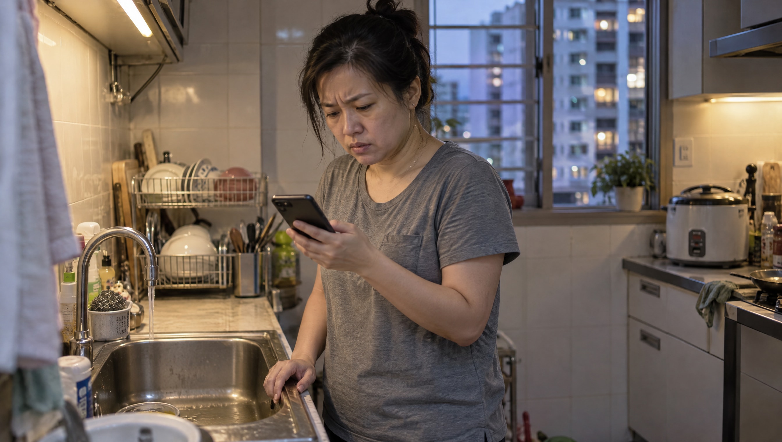 In her HDB kitchen in the evening, a woman stands at the sink with her phone, reading an answer with a puzzled frown