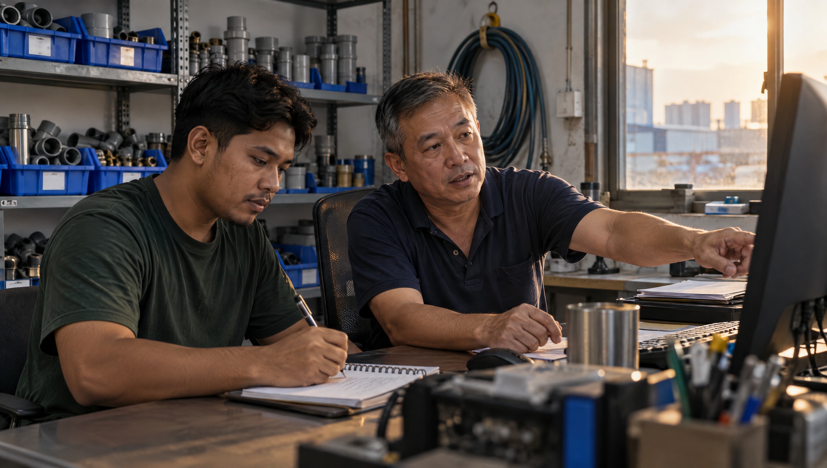In the late afternoon light of his office, a plumbing company's owner points at his computer screen while a young staff member takes notes