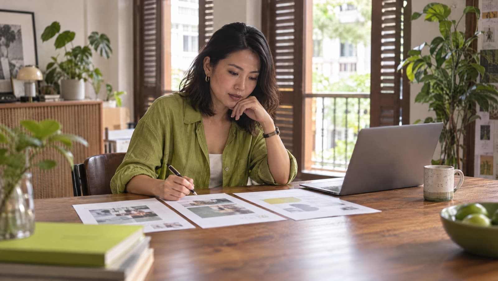A founder in a bright Singapore shophouse office comparing three agency proposals beside her laptop