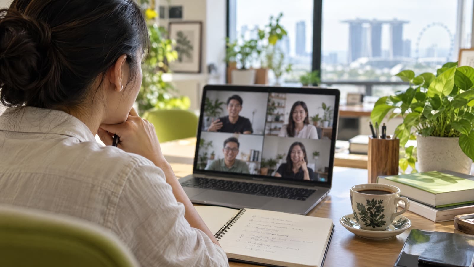A business owner on a video call with an agency team, notes beside her