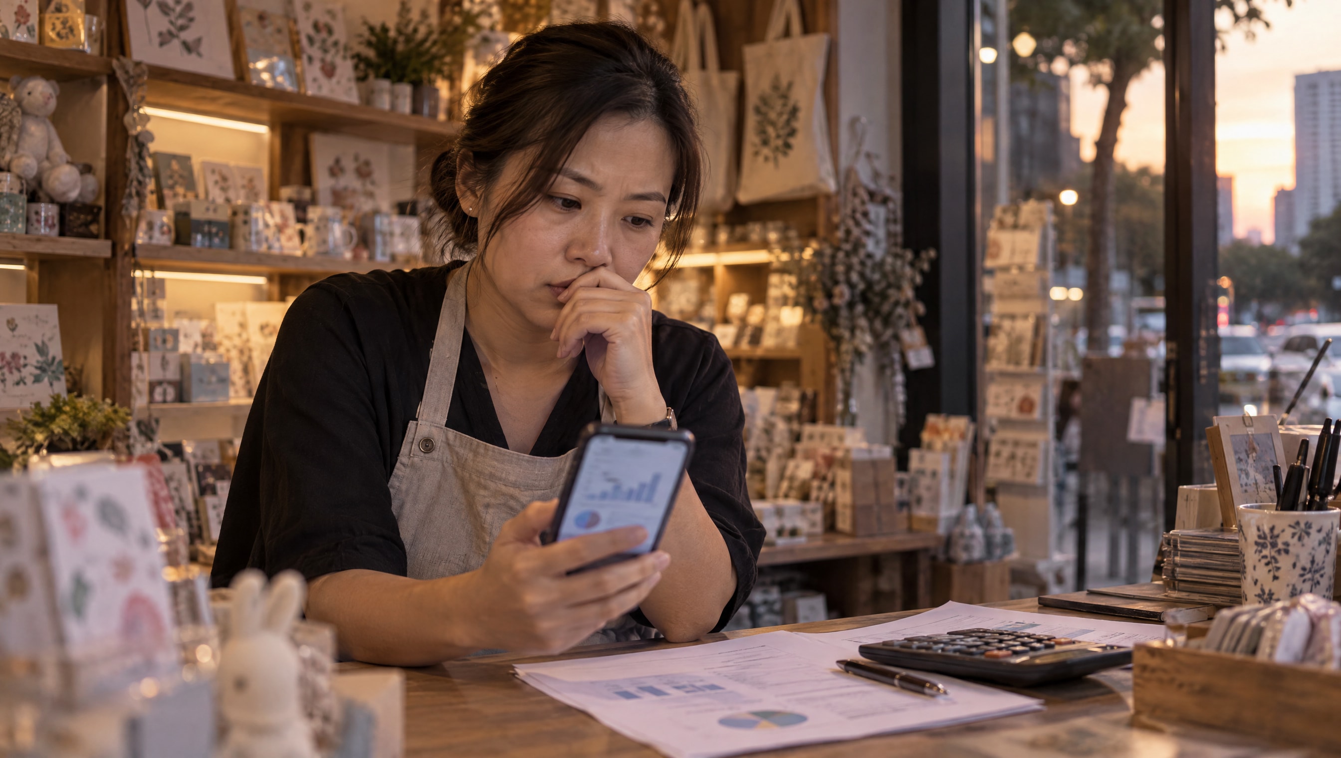 A shop owner at her counter after closing, checking her Facebook ads on her phone while a marketing agency proposal lies open beside her