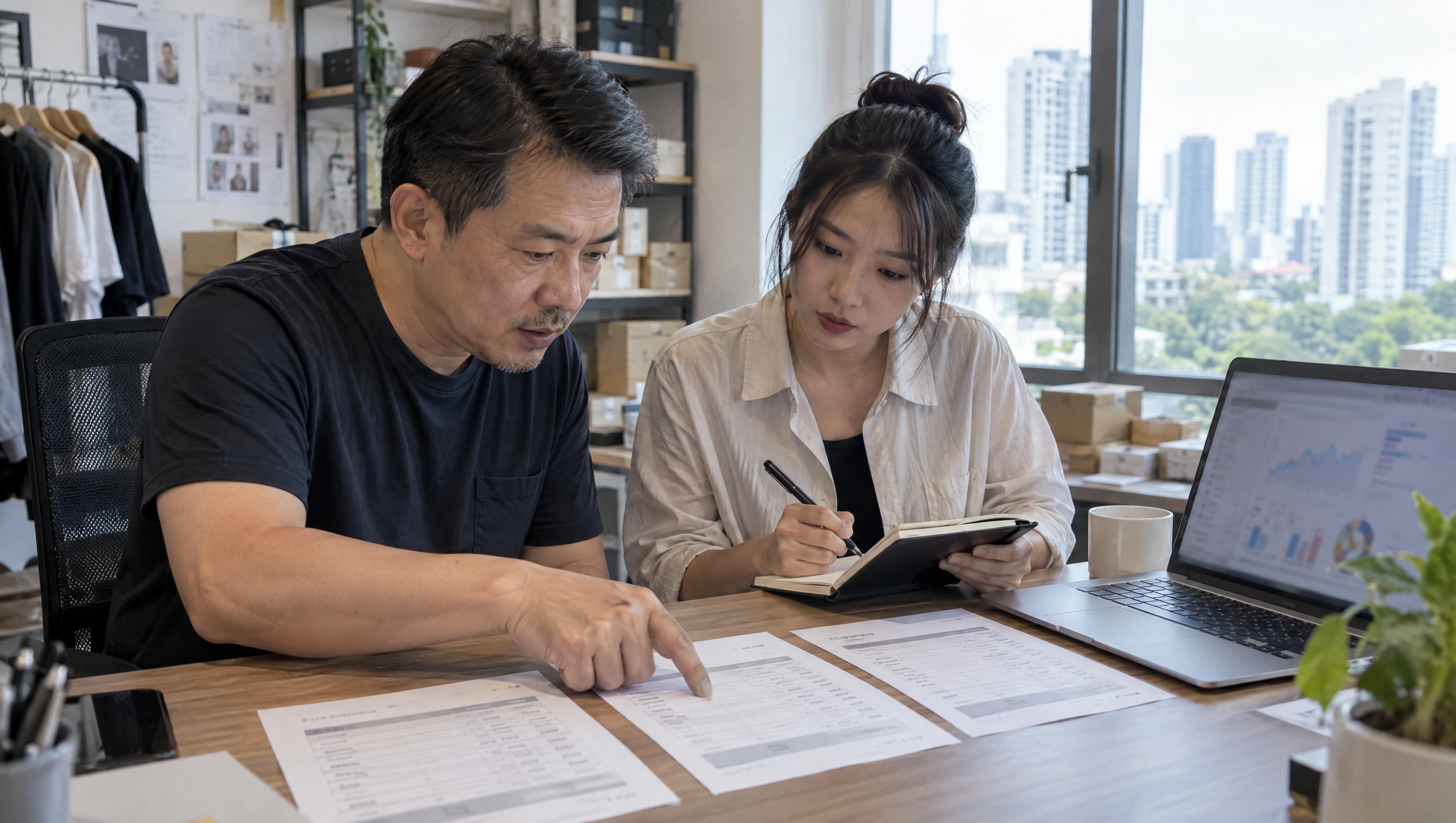 A shop owner and his assistant going through three printed agency quotes at a desk, one pointing at a line while the other takes notes