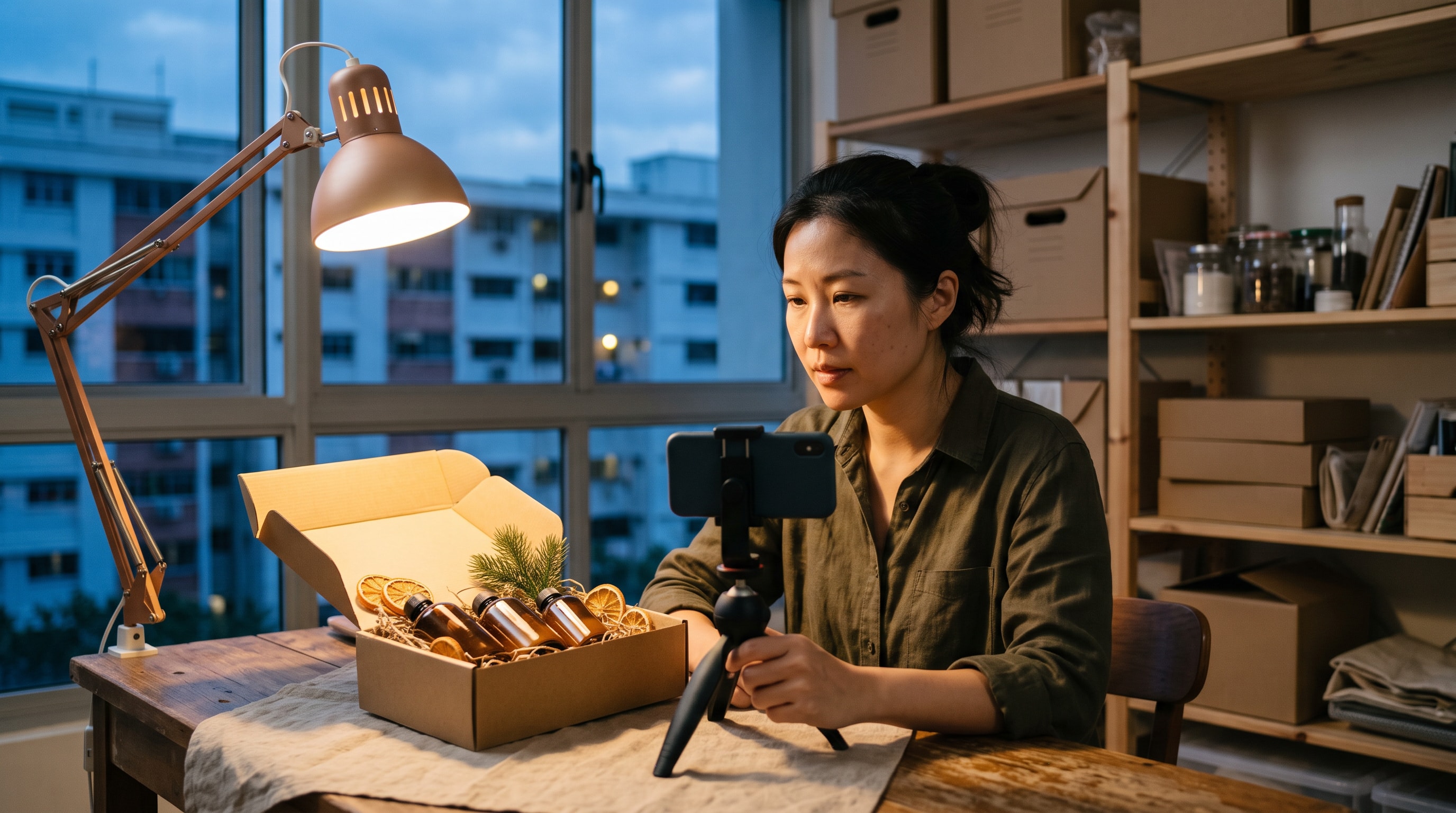 A skincare brand owner in her small Singapore studio films her gift set with her phone on a little tripod in the evening