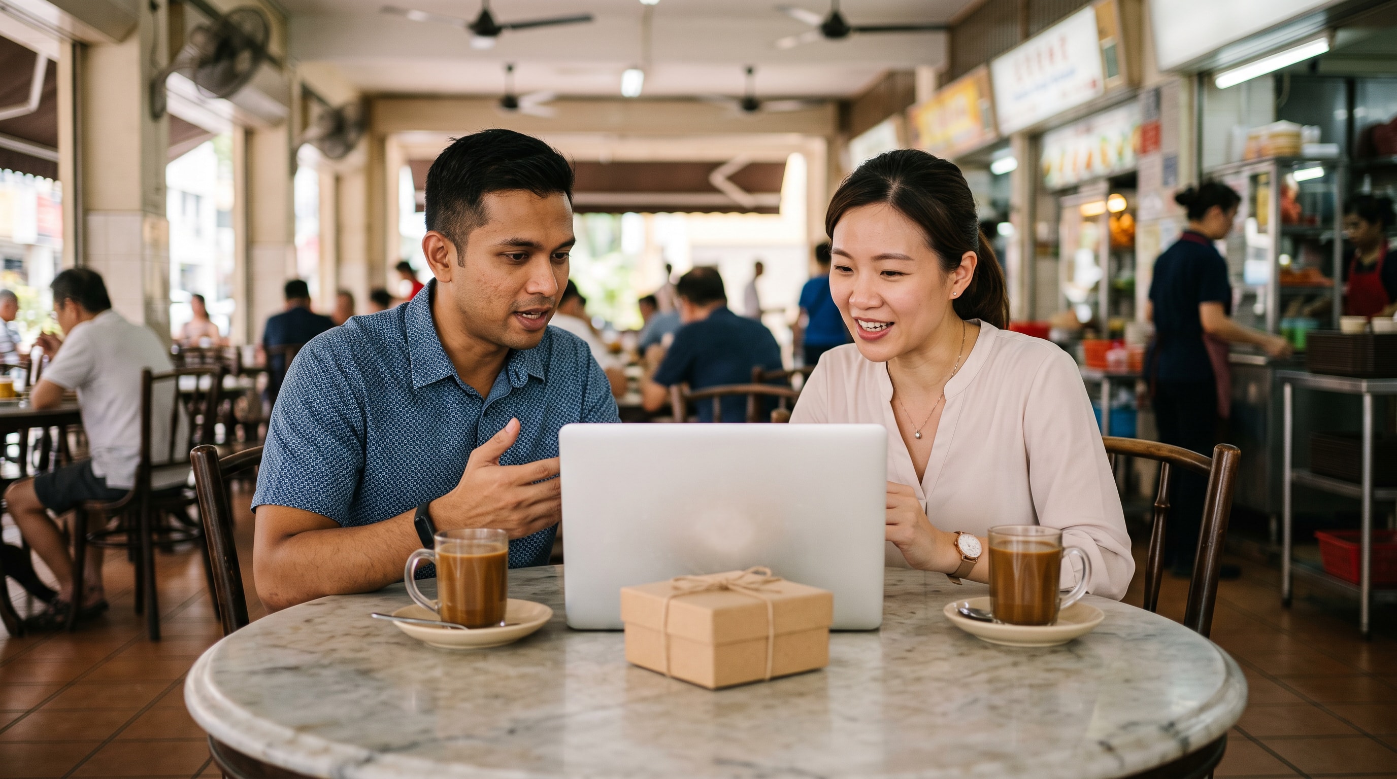 Two business partners at a kopitiam table talk over a laptop, a small gift box between their mugs of kopi