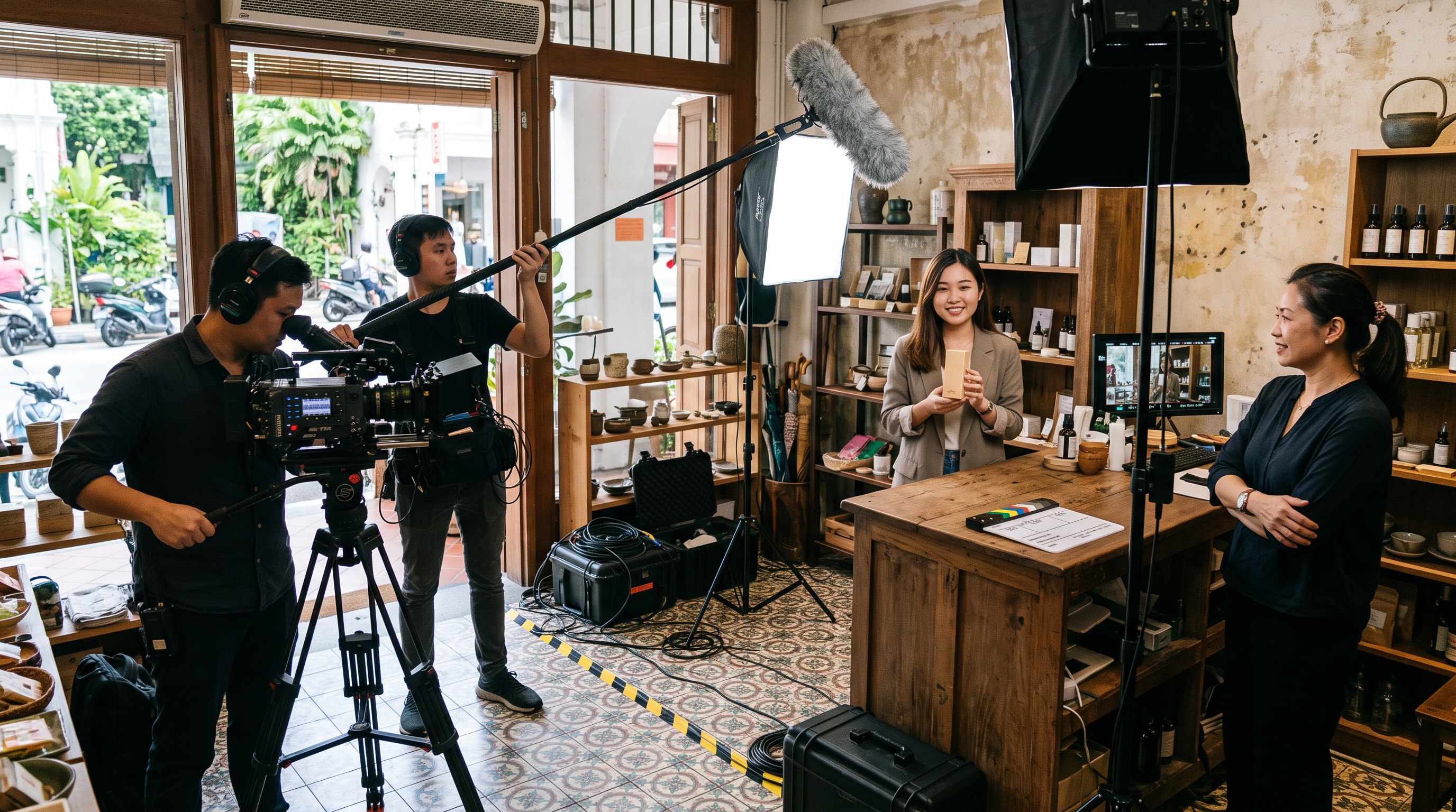 A film crew with soft lights, a camera and a sound boom films a presenter holding a product at a shophouse counter in Singapore