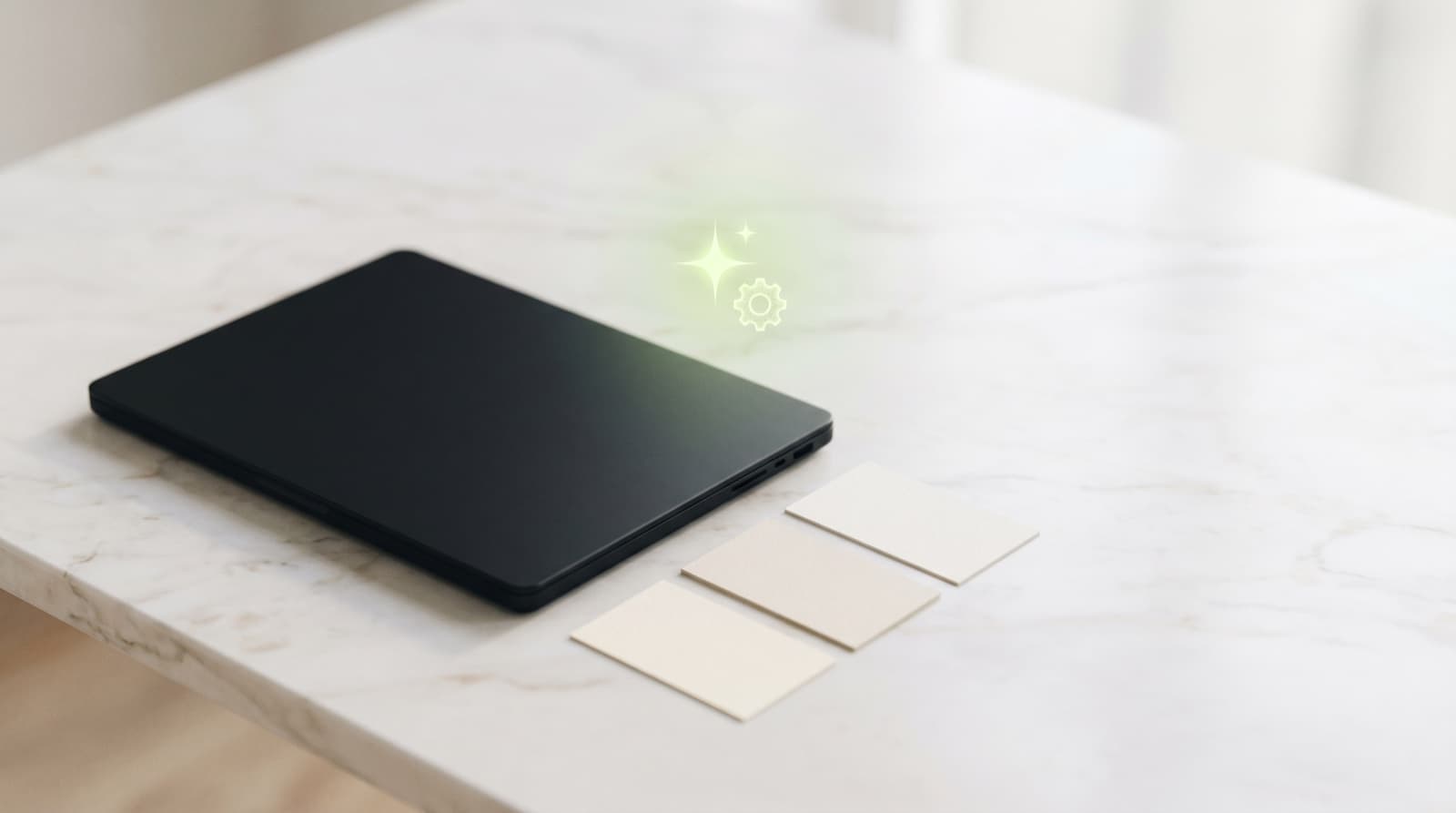 A holographic lime spark and gear hovering over a laptop on marble — AI assisting a small business