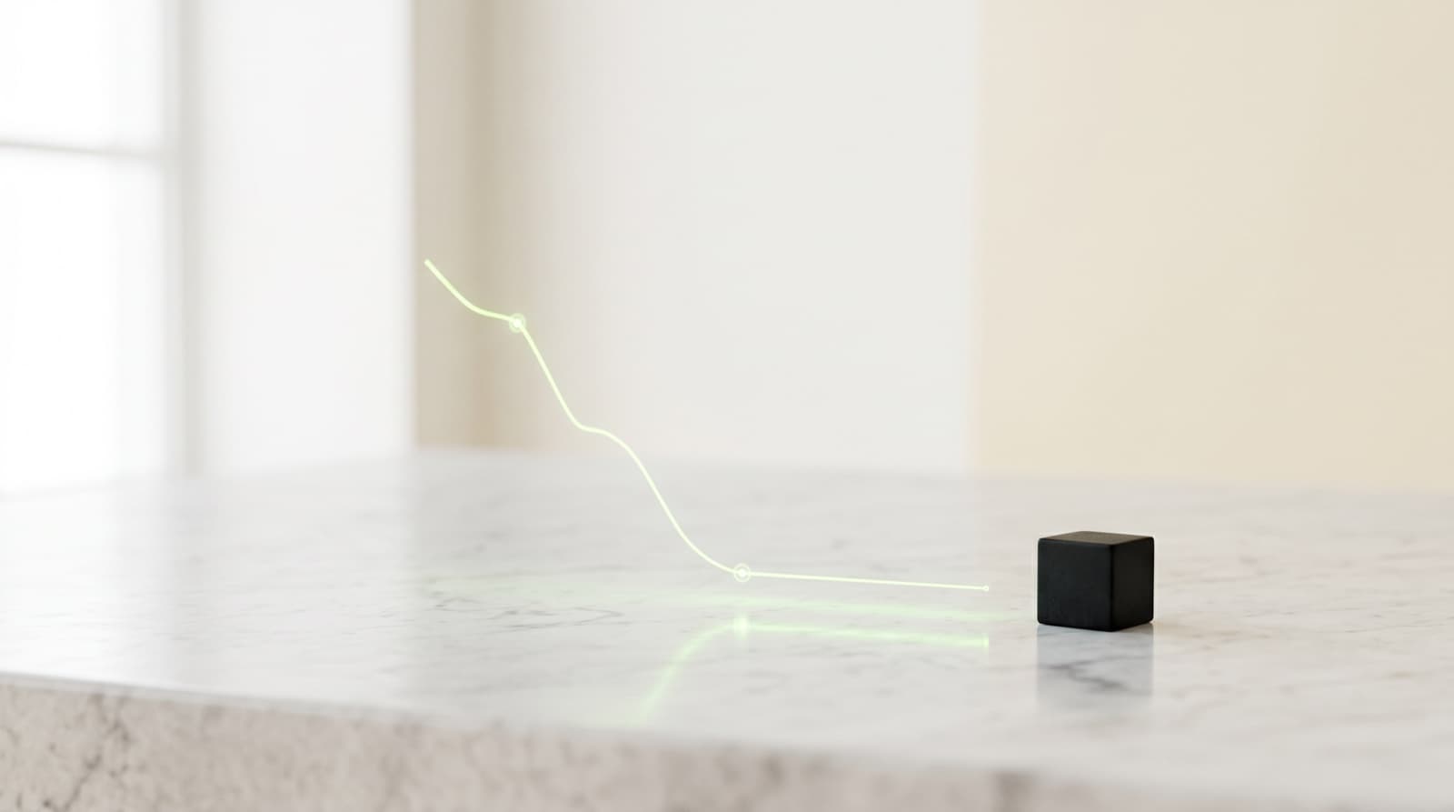 A holographic lime line graph descending then leveling off — a falling cost per acquisition