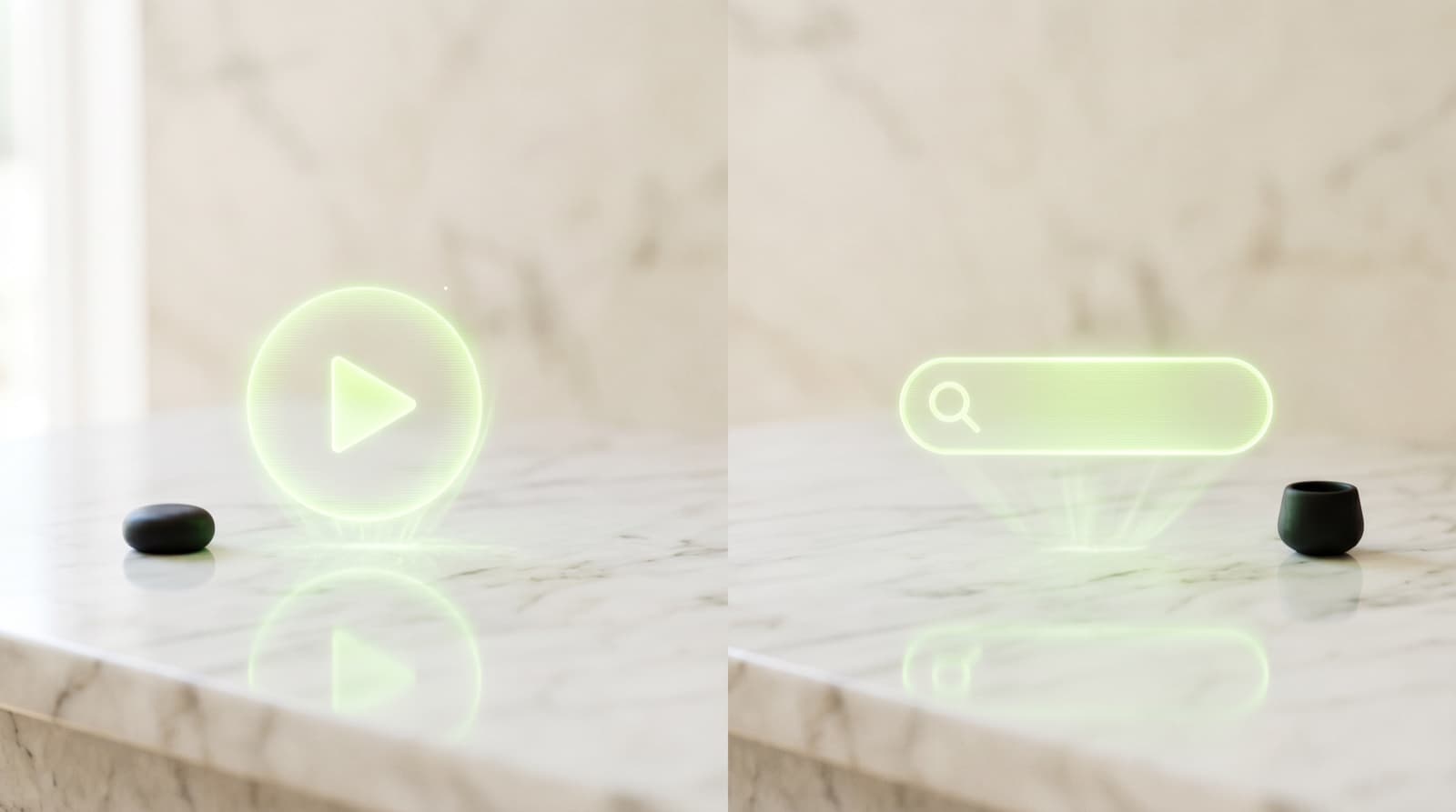 A holographic lime video play glyph and a search bar side by side on marble — Meta video vs Google Search