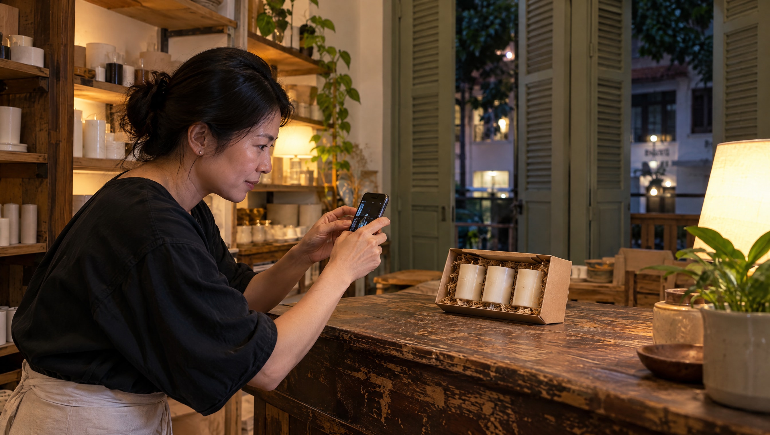 A shop owner in a Singapore shophouse photographs a candle gift set on her wooden counter with her phone