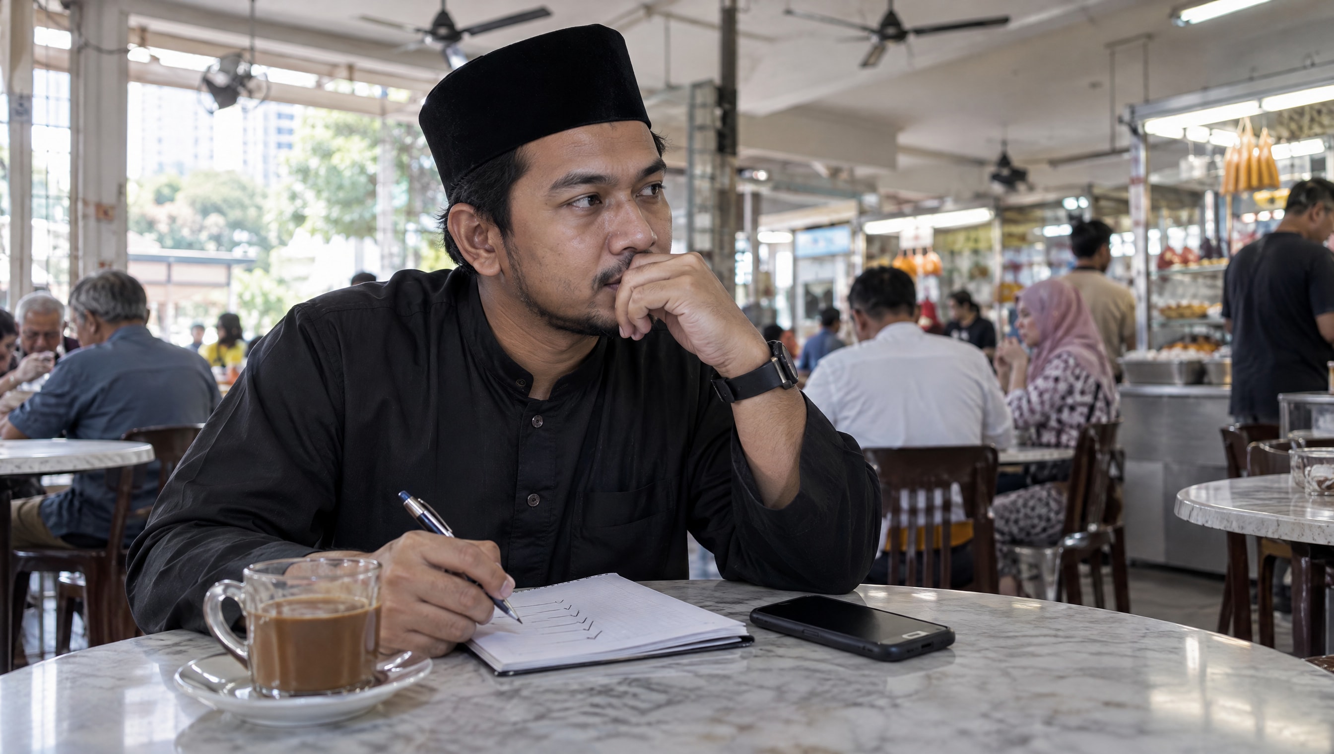 A bakery owner at a kopitiam table looks over the week's sales in a paper notebook beside his phone
