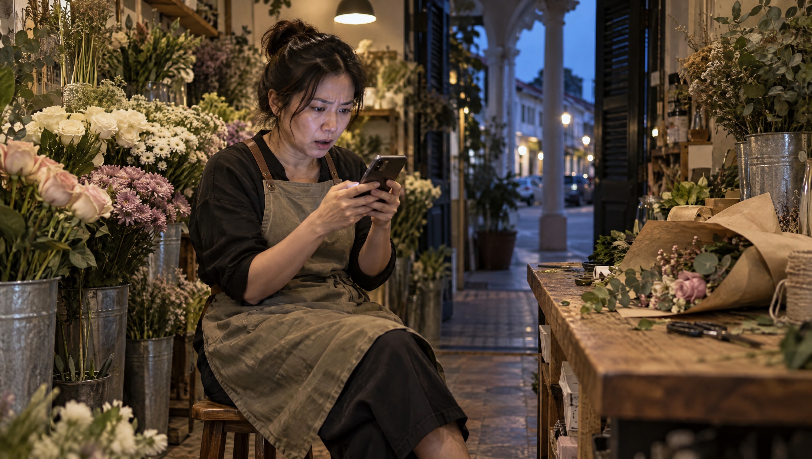 A florist in her small Joo Chiat shop after closing, frowning at her phone among buckets of flowers