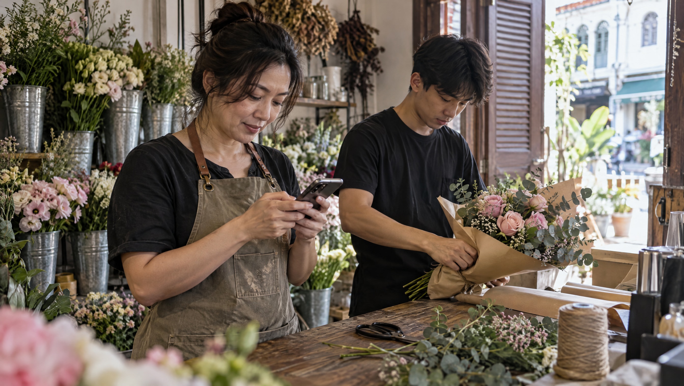 The florist at her workbench in the morning typing a reply on her phone while her young assistant wraps a bouquet beside her