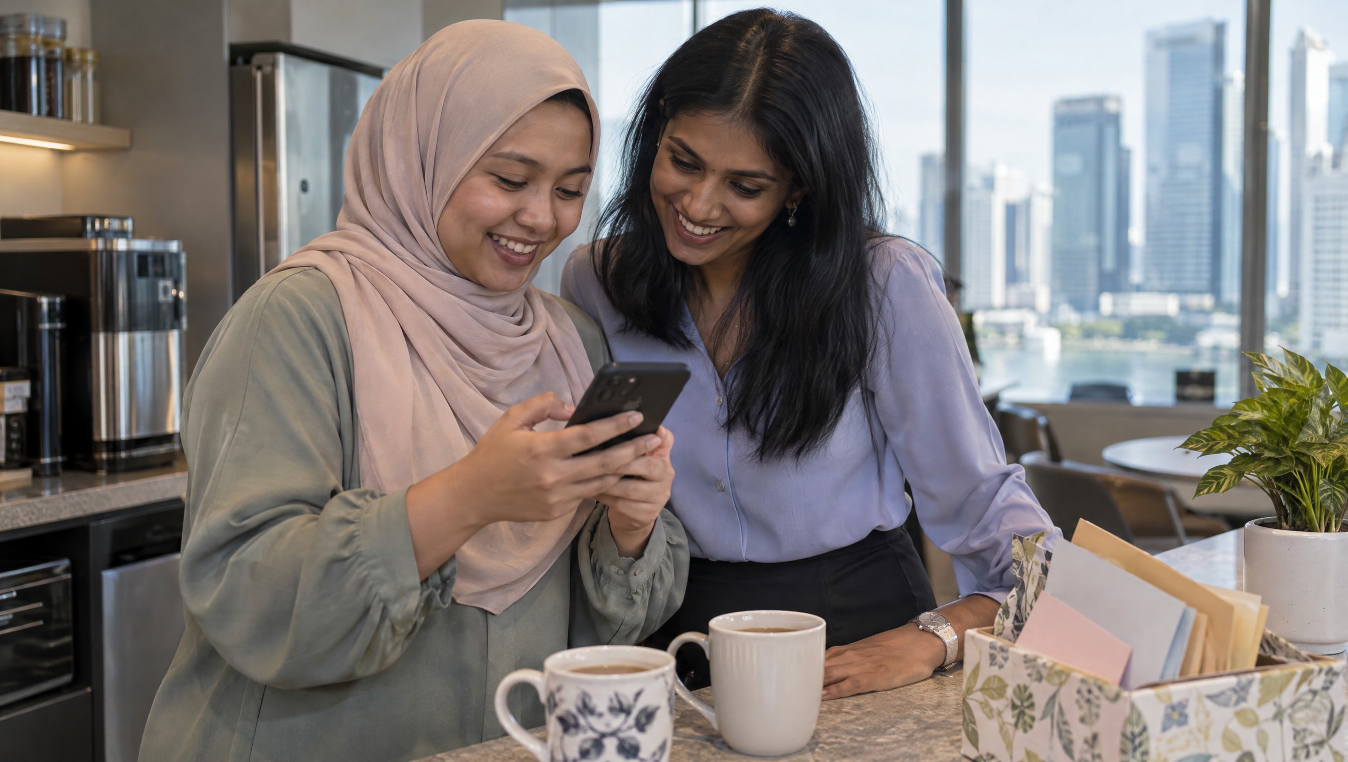 Two colleagues in a Singapore office pantry look at one phone together, smiling, choosing farewell flowers for a coworker