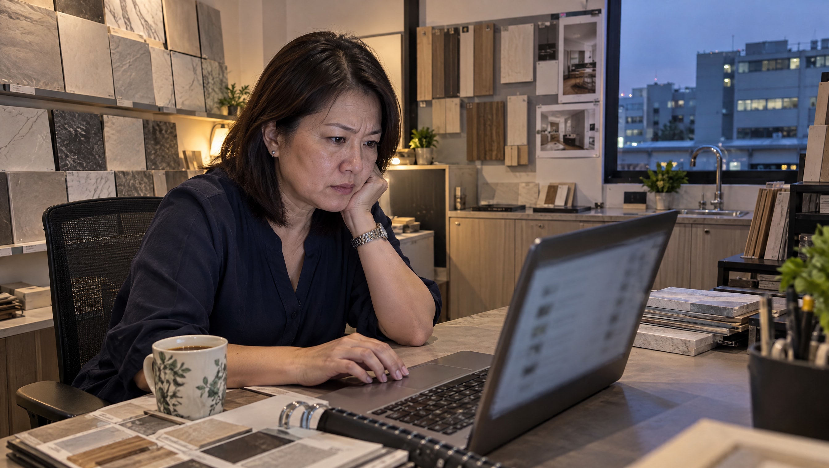A renovation company owner in her Ubi showroom at dusk, frowning at a long list of pages on her laptop