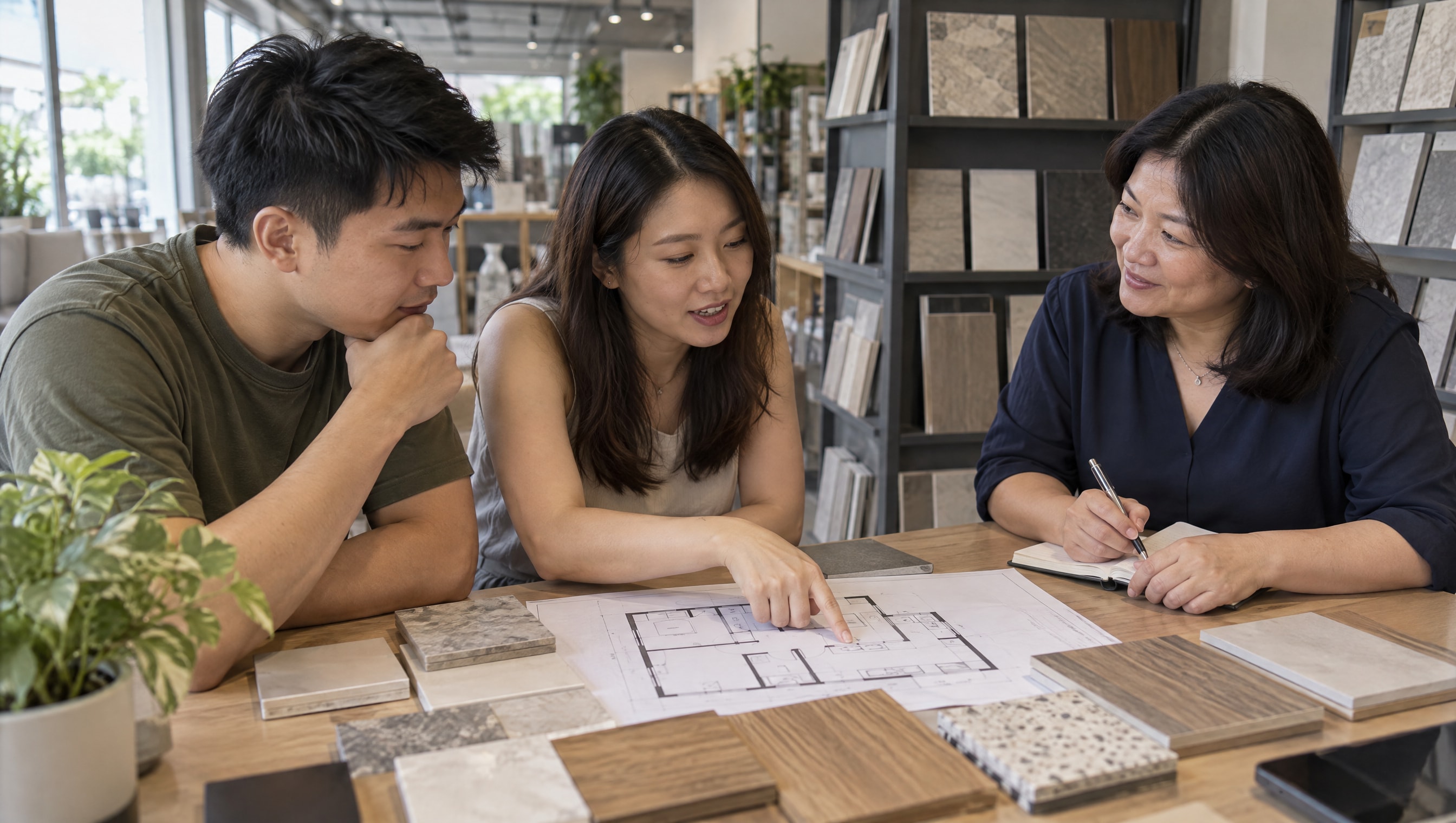 A young couple asks questions over a flat's floor plan in a Ubi renovation showroom while the owner writes them down