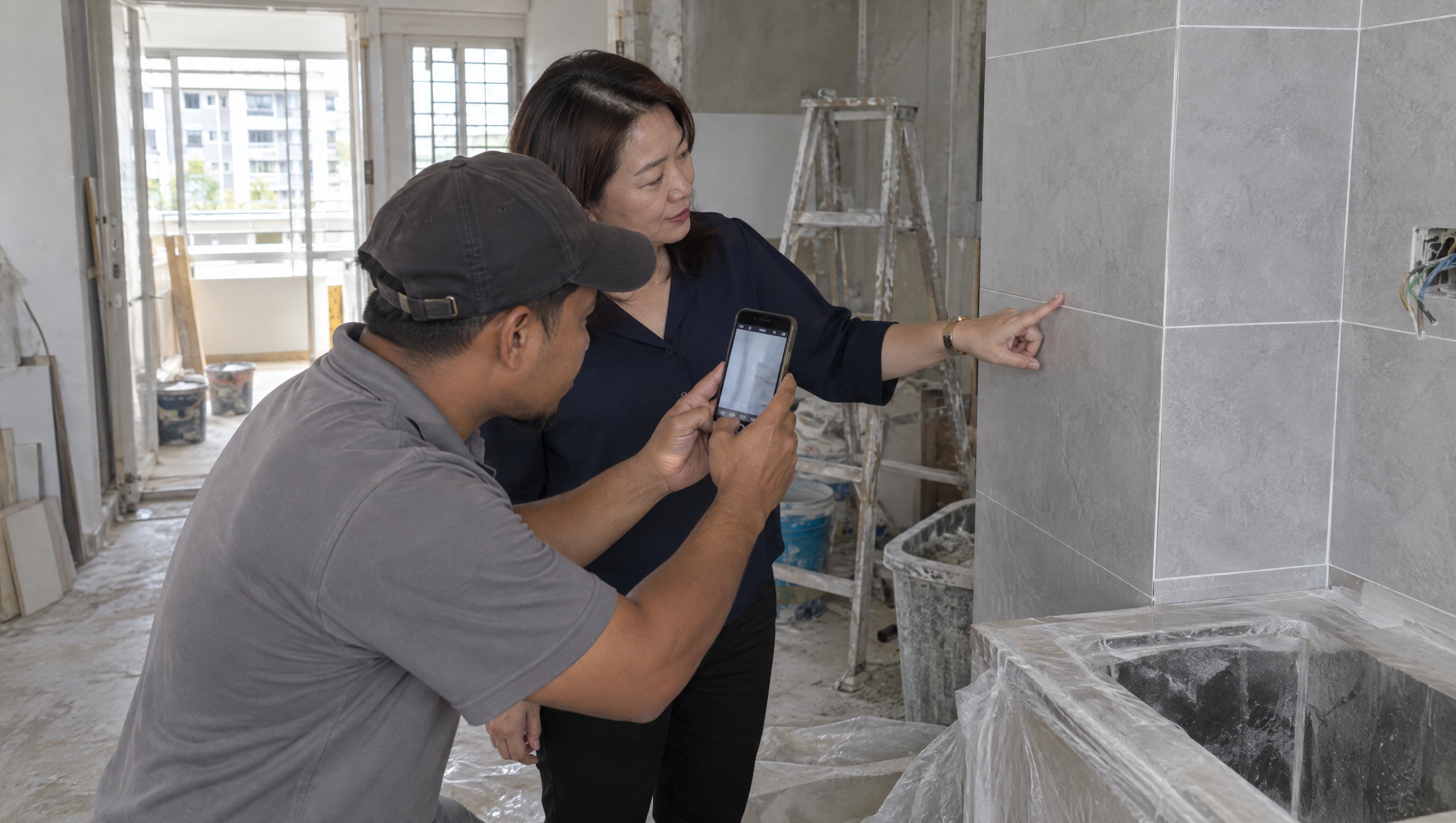 The renovation company owner points at a neat tile joint in an HDB kitchen while her site supervisor photographs it for the website