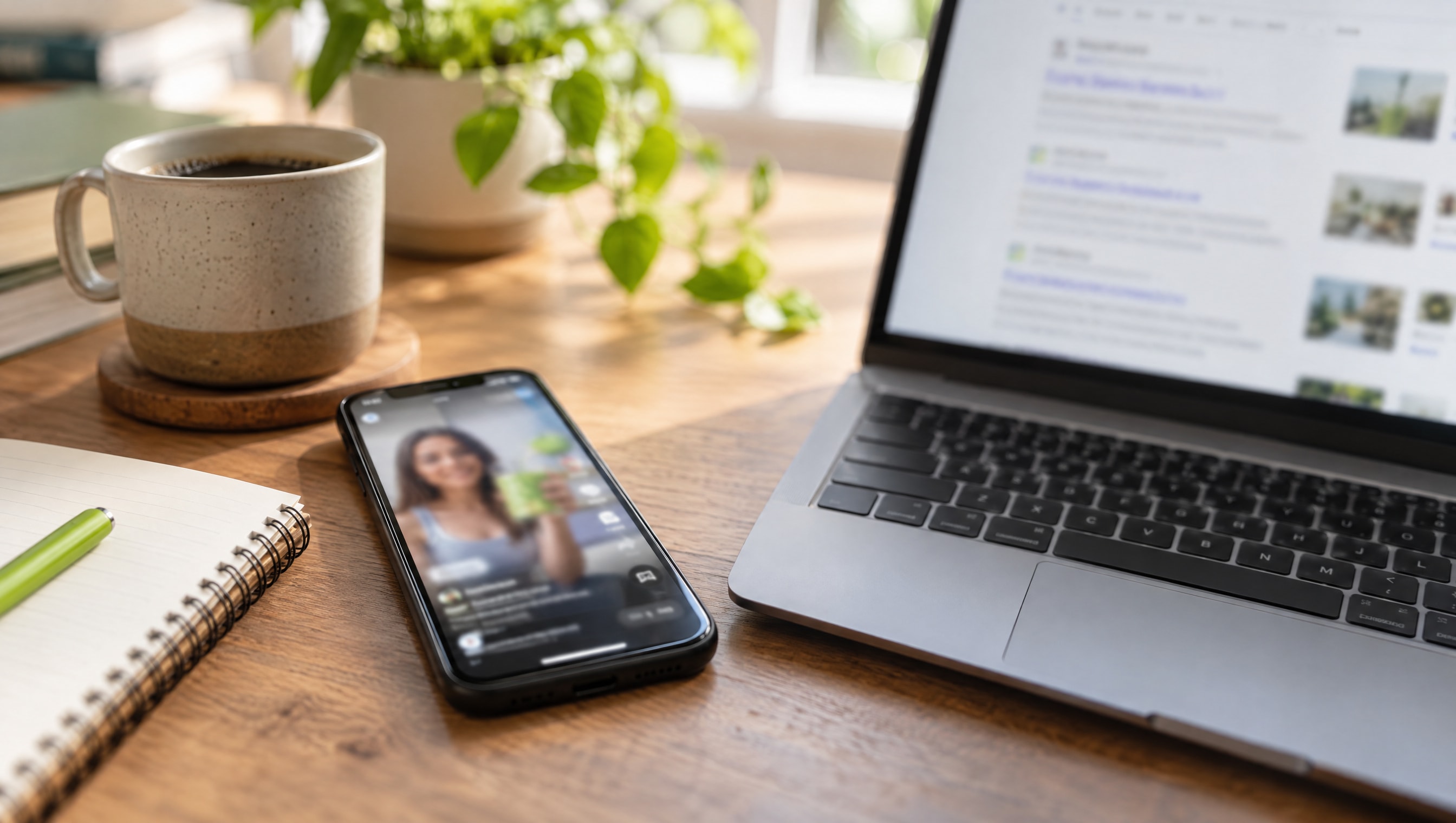 A phone showing a video ad beside a laptop showing search results