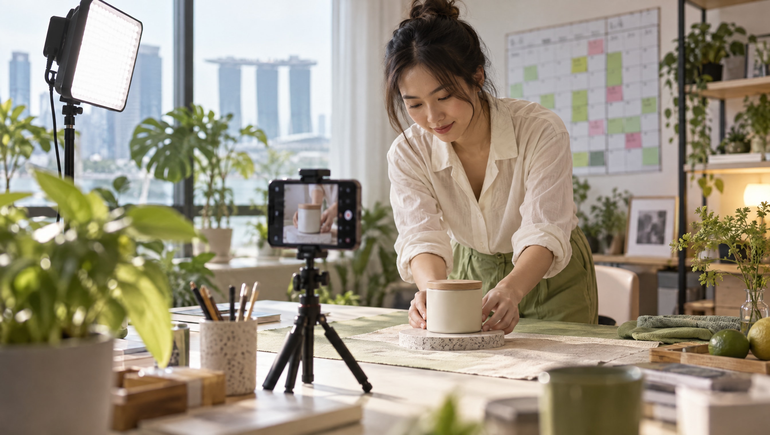 A phone on a small tripod filming a product for social media in a bright studio corner