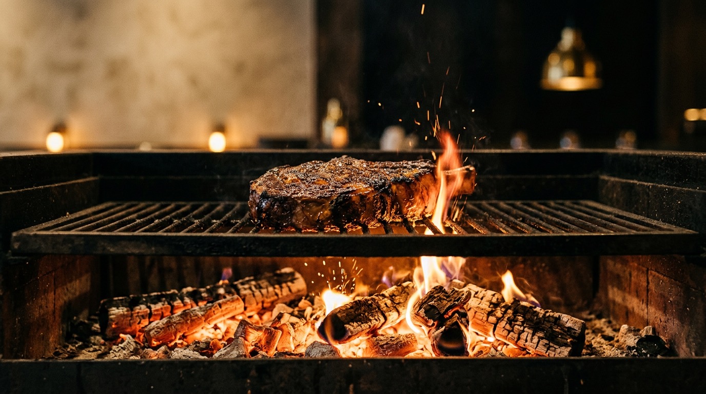 BRANNR reference: the open hearth, a thick-cut steak on the grill over burning oak and live coals