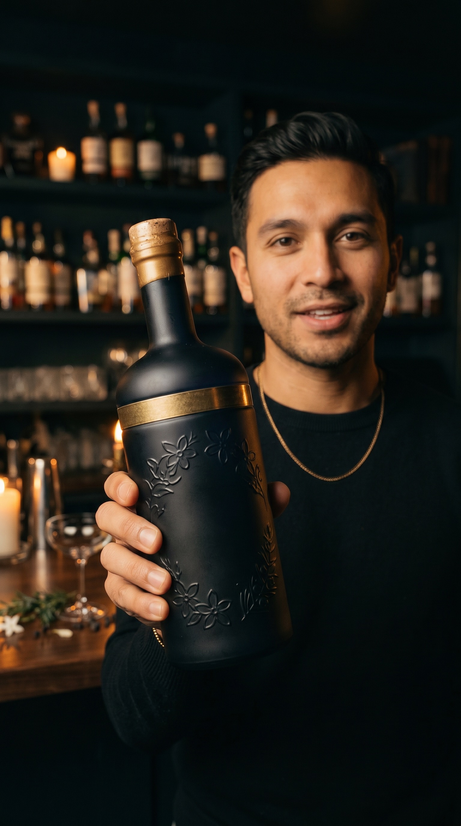 NOCTÉ reference: the presenter in a dim back bar, holding the matte-midnight gin bottle