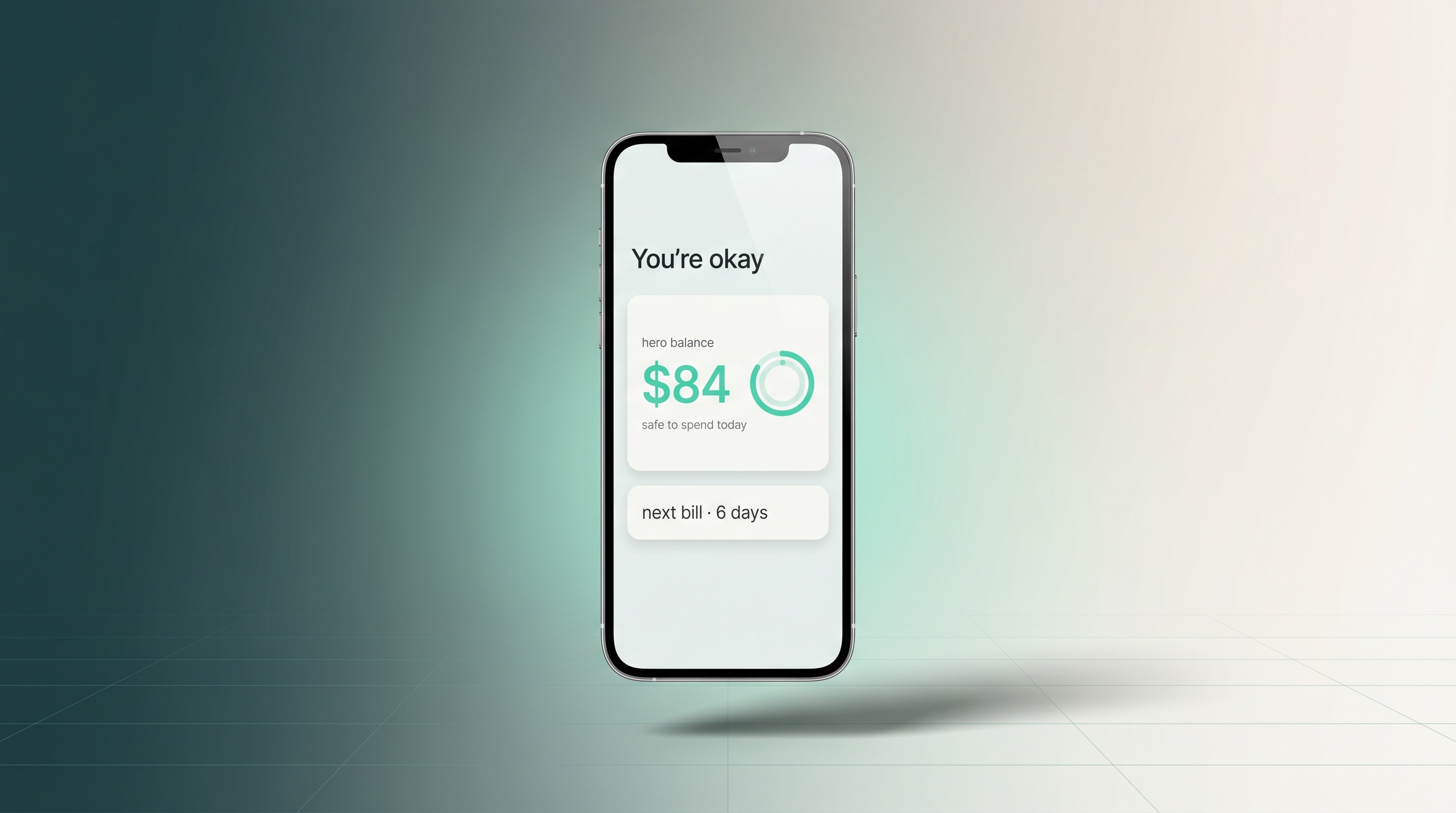 POISE reference: the calm dashboard on a phone, floating over a deep teal-to-cream gradient