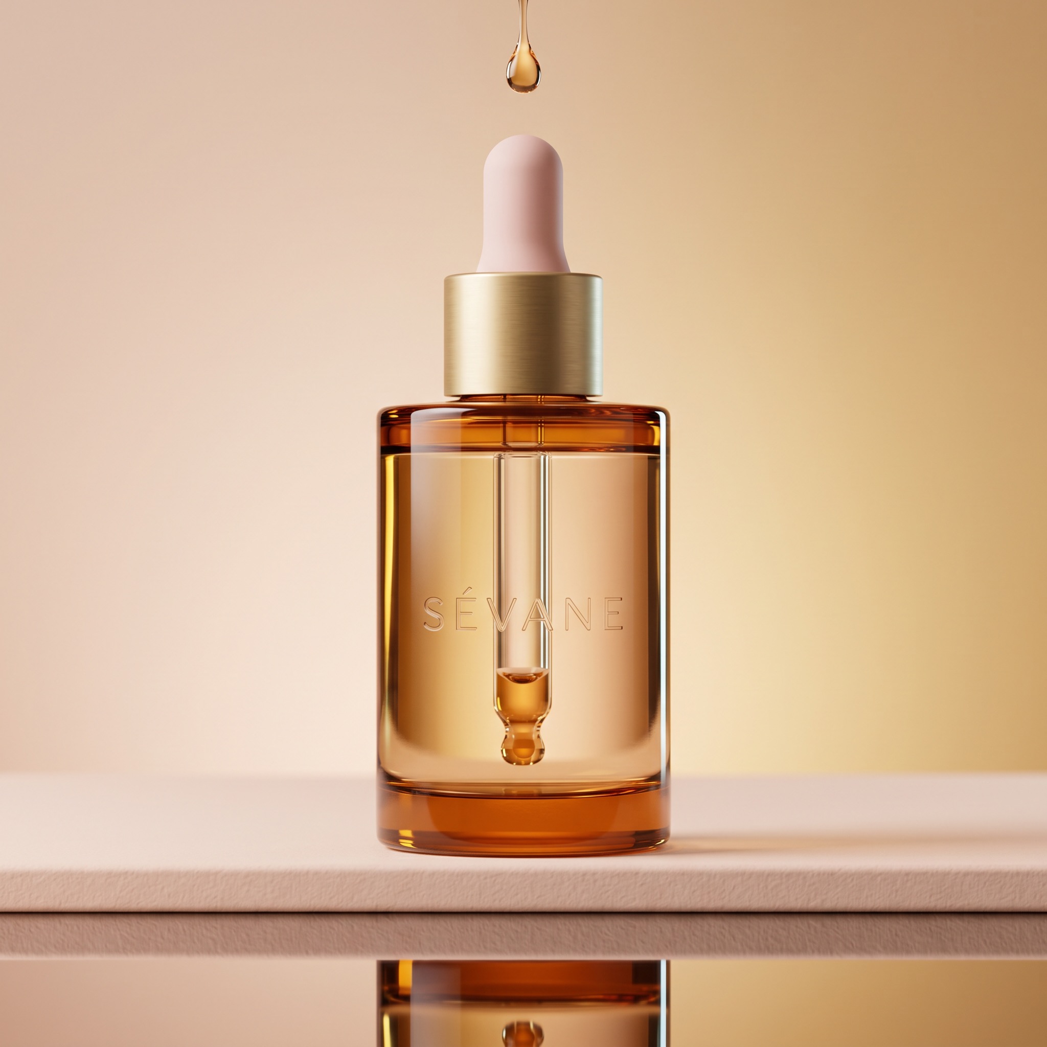 SÉVANE reference: the amber serum bottle on a blush plinth, a single drop falling from above